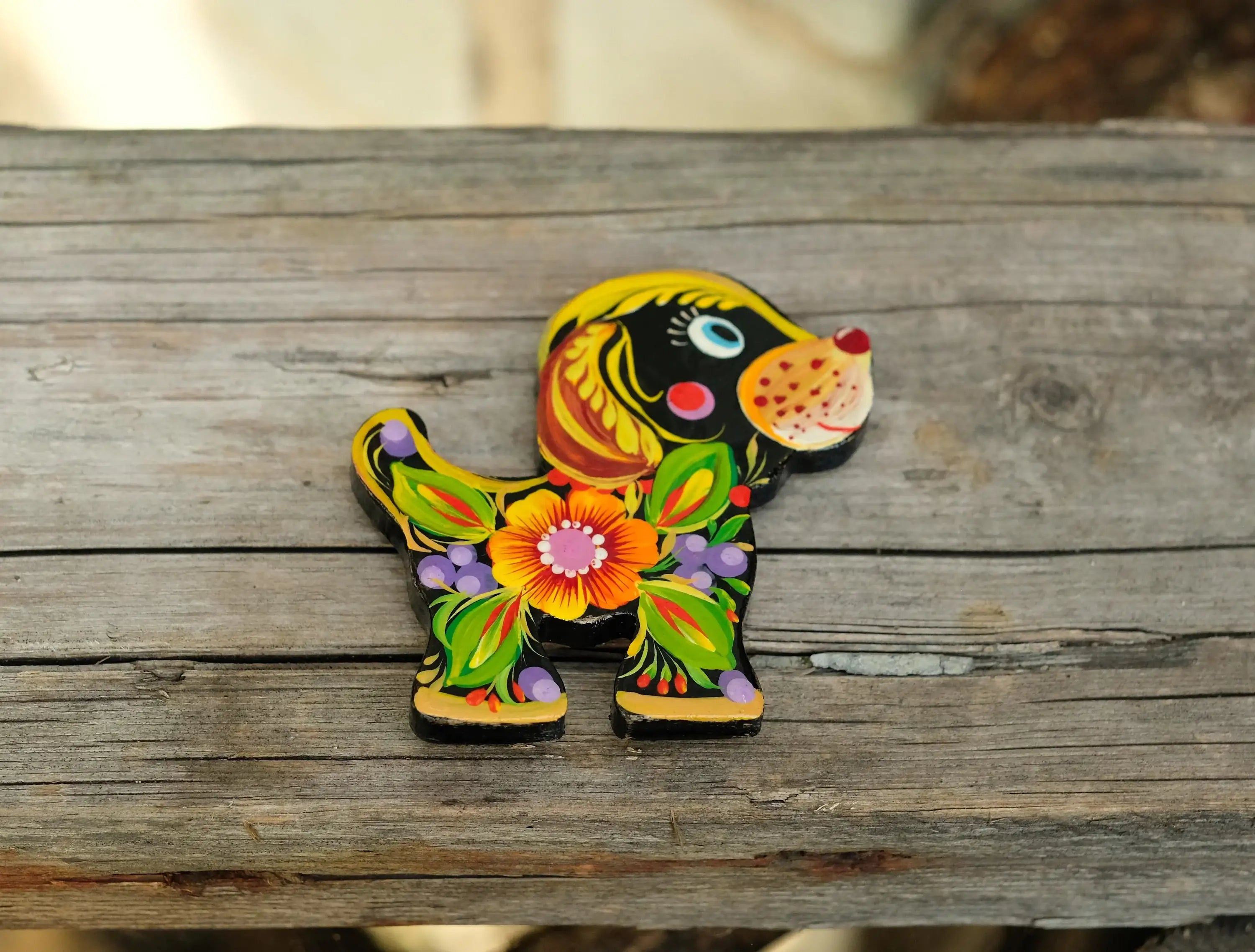 Painted Wooden Dog Fridge Magnet - Ukrainian Folk Art Locker magnet, Funny Animal Decorative Magnet