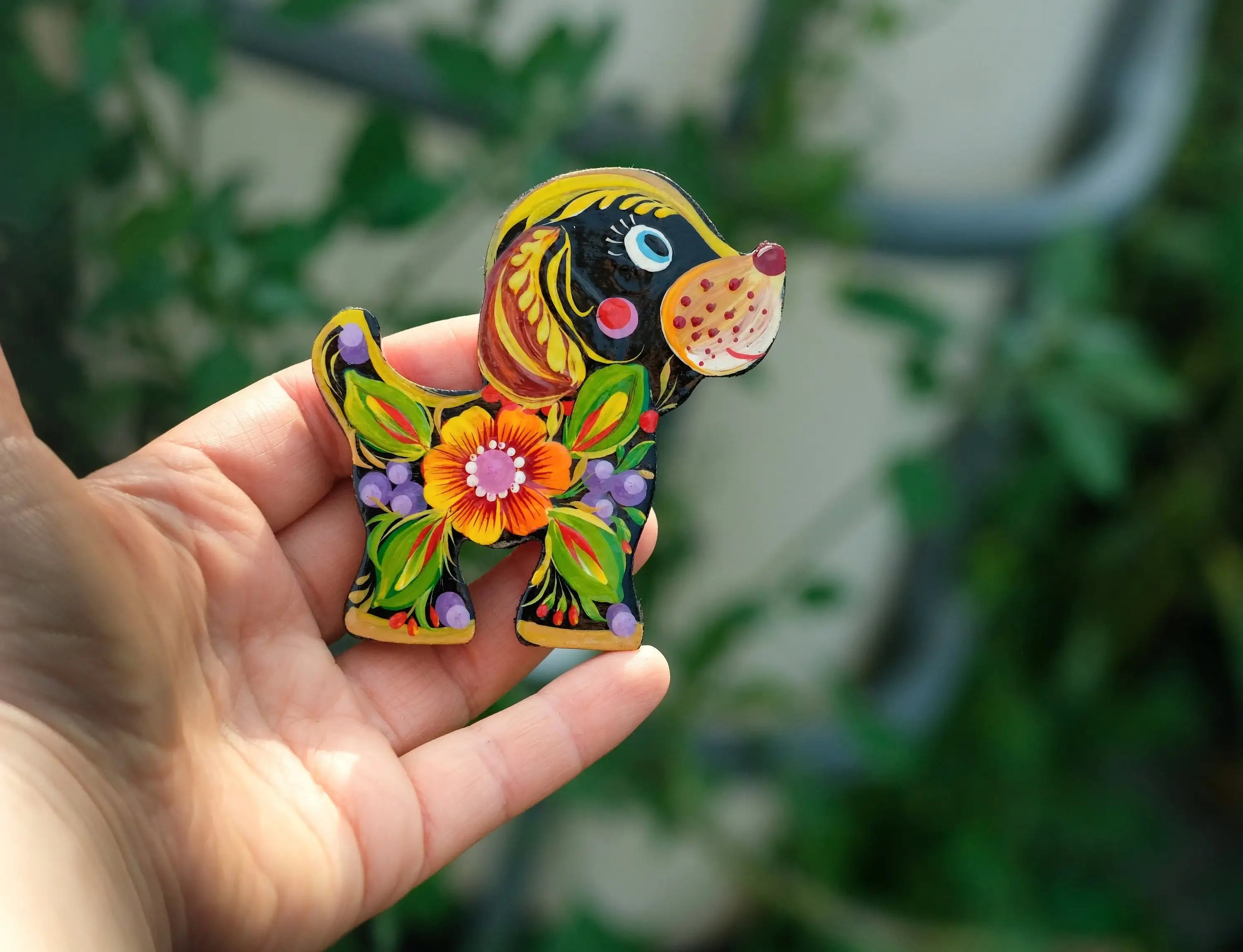 Painted Wooden Dog Fridge Magnet - Ukrainian Folk Art Locker magnet, Funny Animal Decorative Magnet