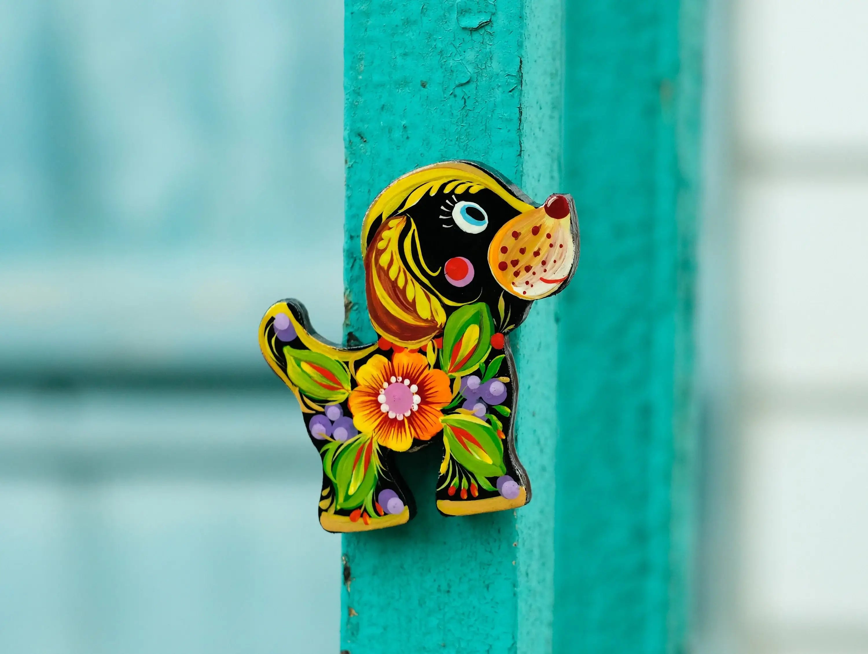 Painted Wooden Dog Fridge Magnet - Ukrainian Folk Art Locker magnet, Funny Animal Decorative Magnet