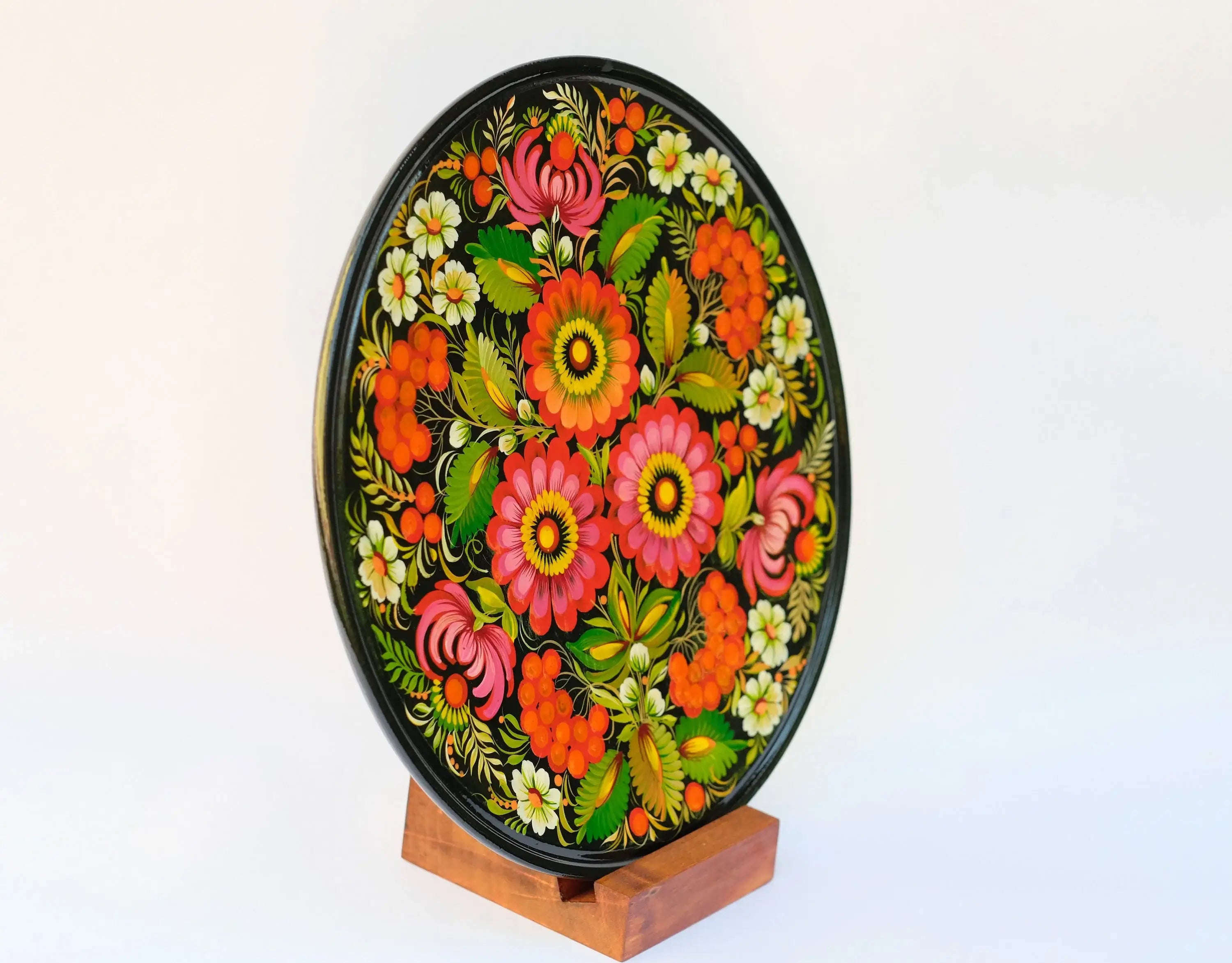 Decorative wooden plate 9.8 in, Hand-painted Ukrainian wall plate, Large plate painted with Petrykivka painting, Ukraine folk plate