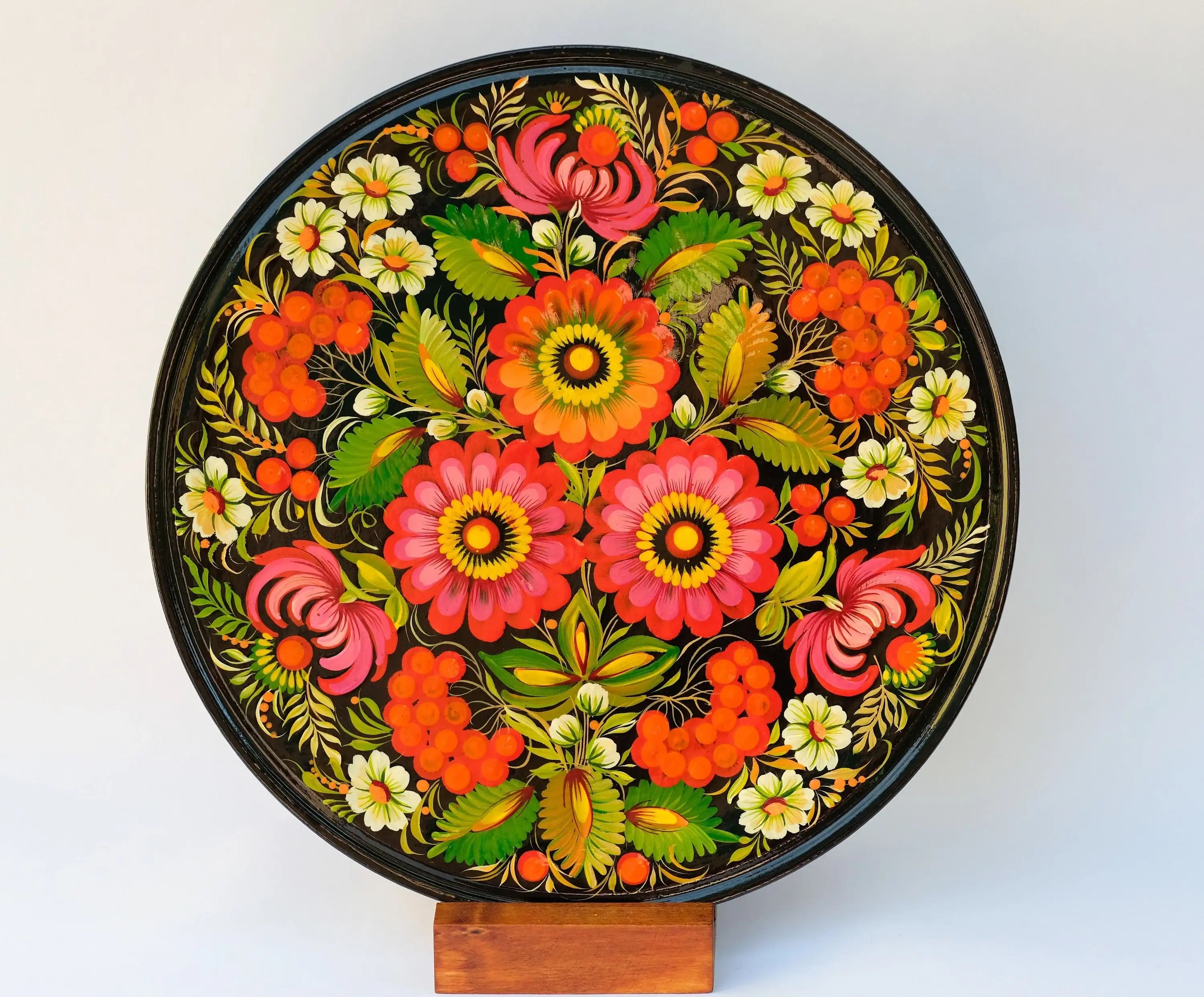 Decorative wooden plate 9.8 in, Hand-painted Ukrainian wall plate, Large plate painted with Petrykivka painting, Ukraine folk plate