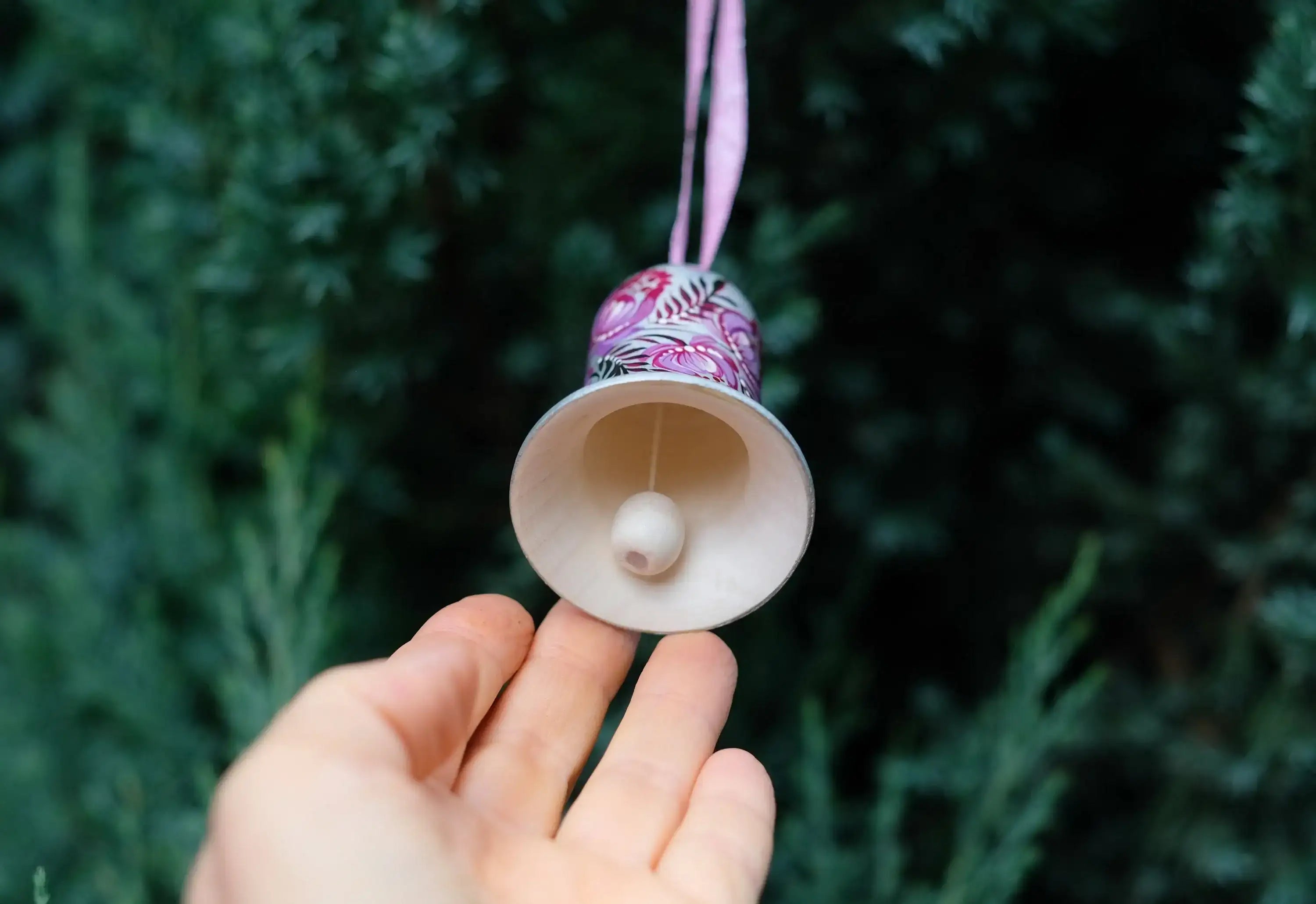 Wooden Christmas Bell Ornament Hand-painted with Ukrainian Petrykivka Art