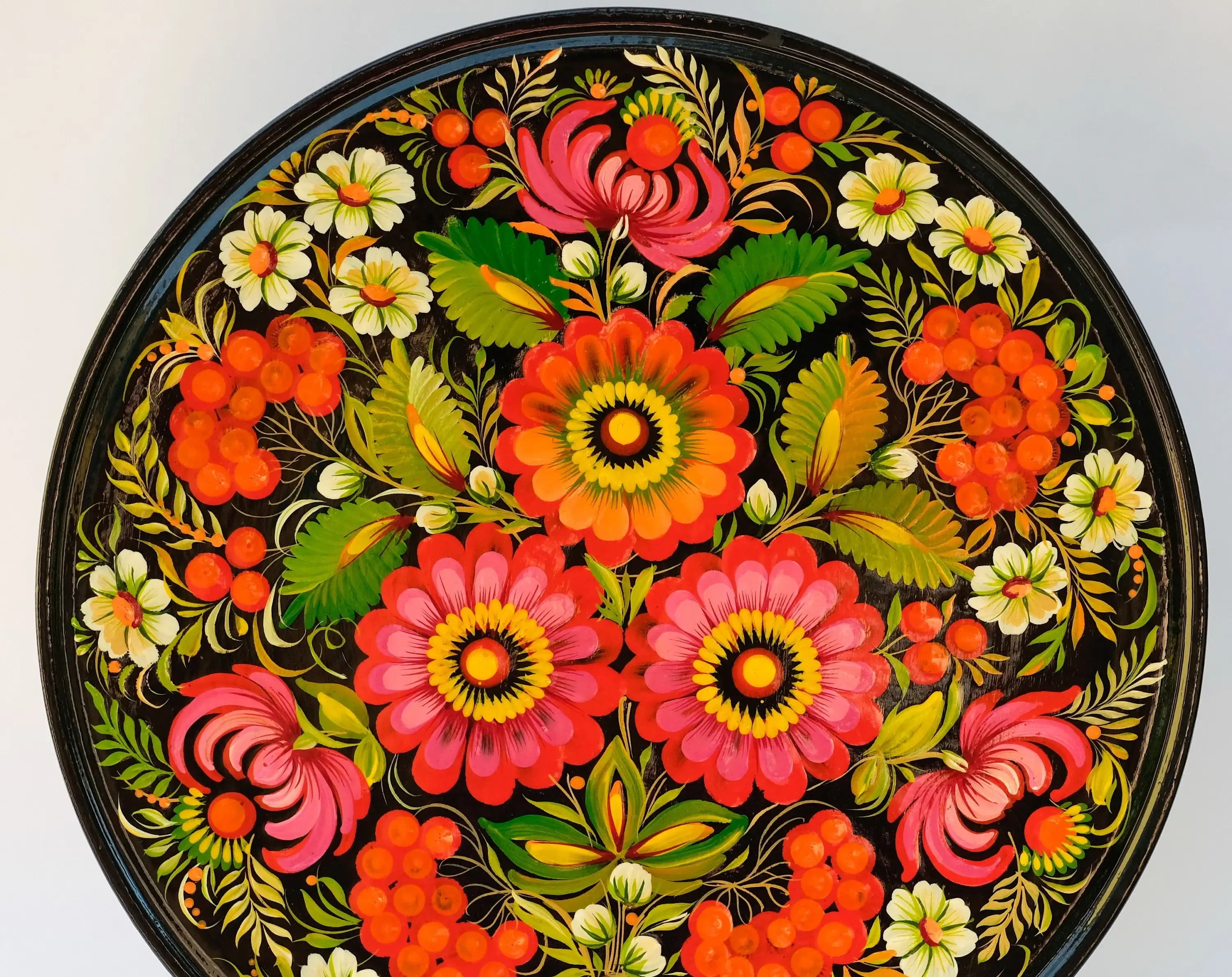 Decorative wooden plate 9.8 in, Hand-painted Ukrainian wall plate, Large plate painted with Petrykivka painting, Ukraine folk plate