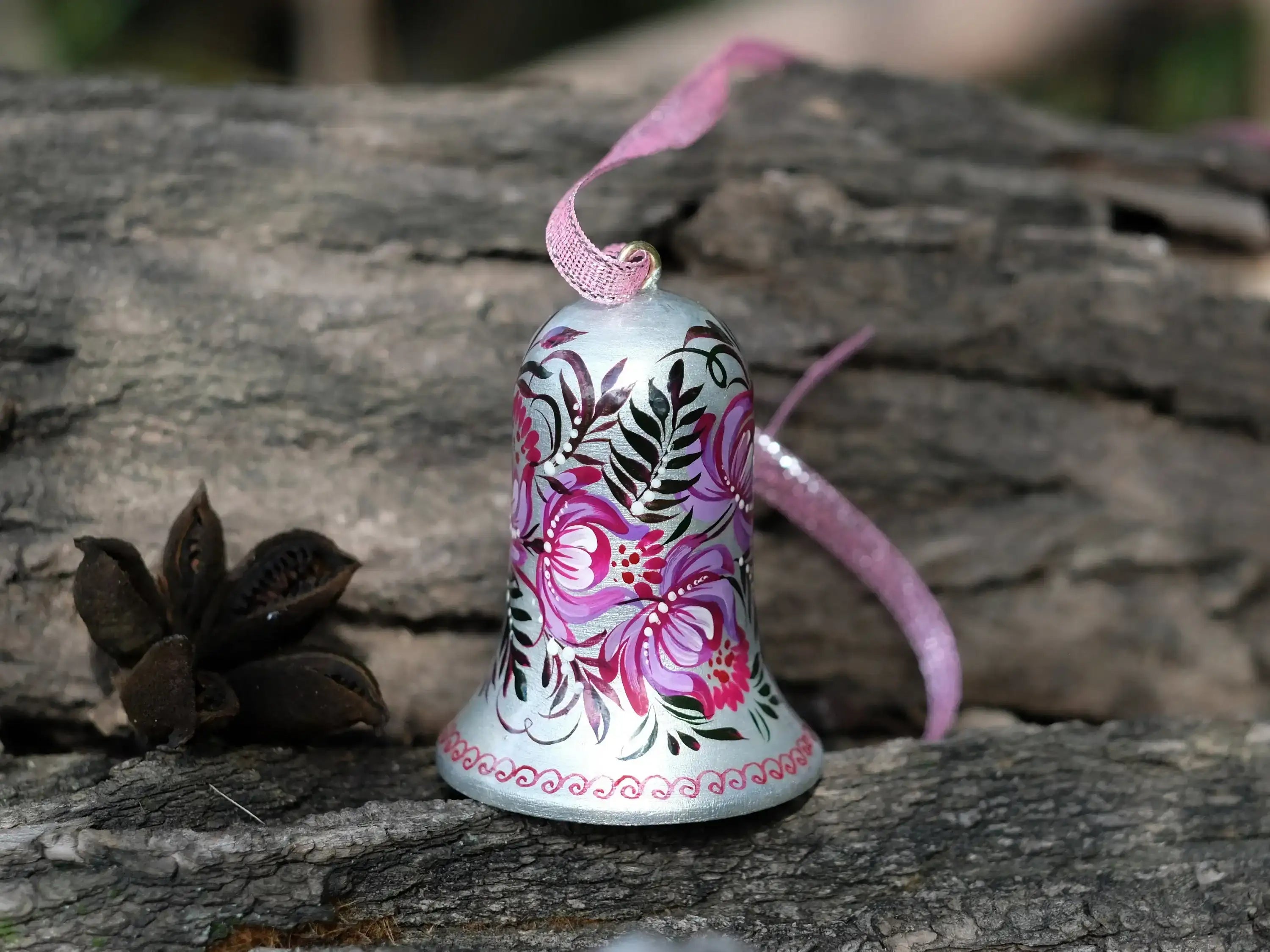 Wooden Christmas Bell Ornament Hand-painted with Ukrainian Petrykivka Art
