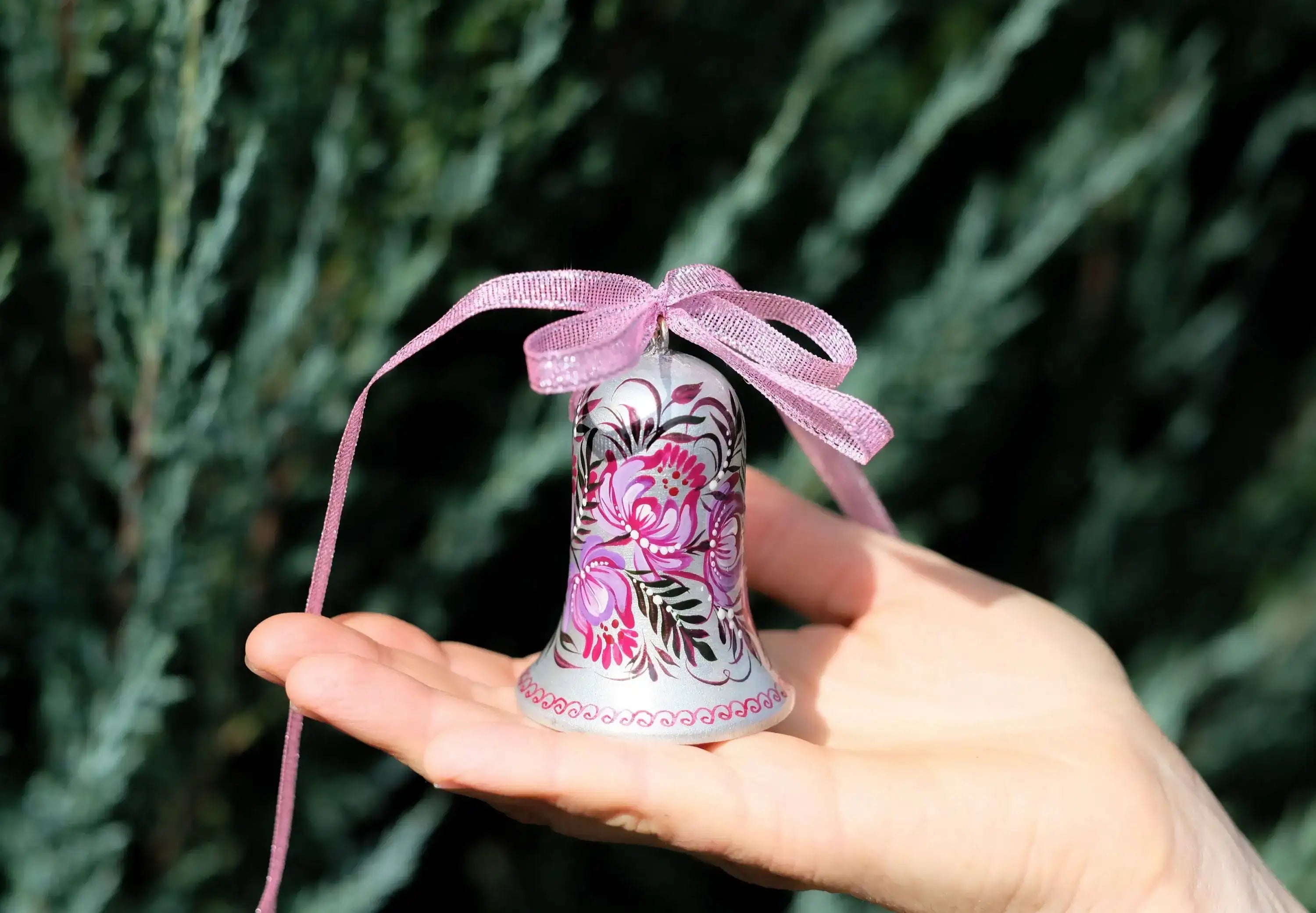 Wooden Christmas Bell Ornament Hand-painted with Ukrainian Petrykivka Art