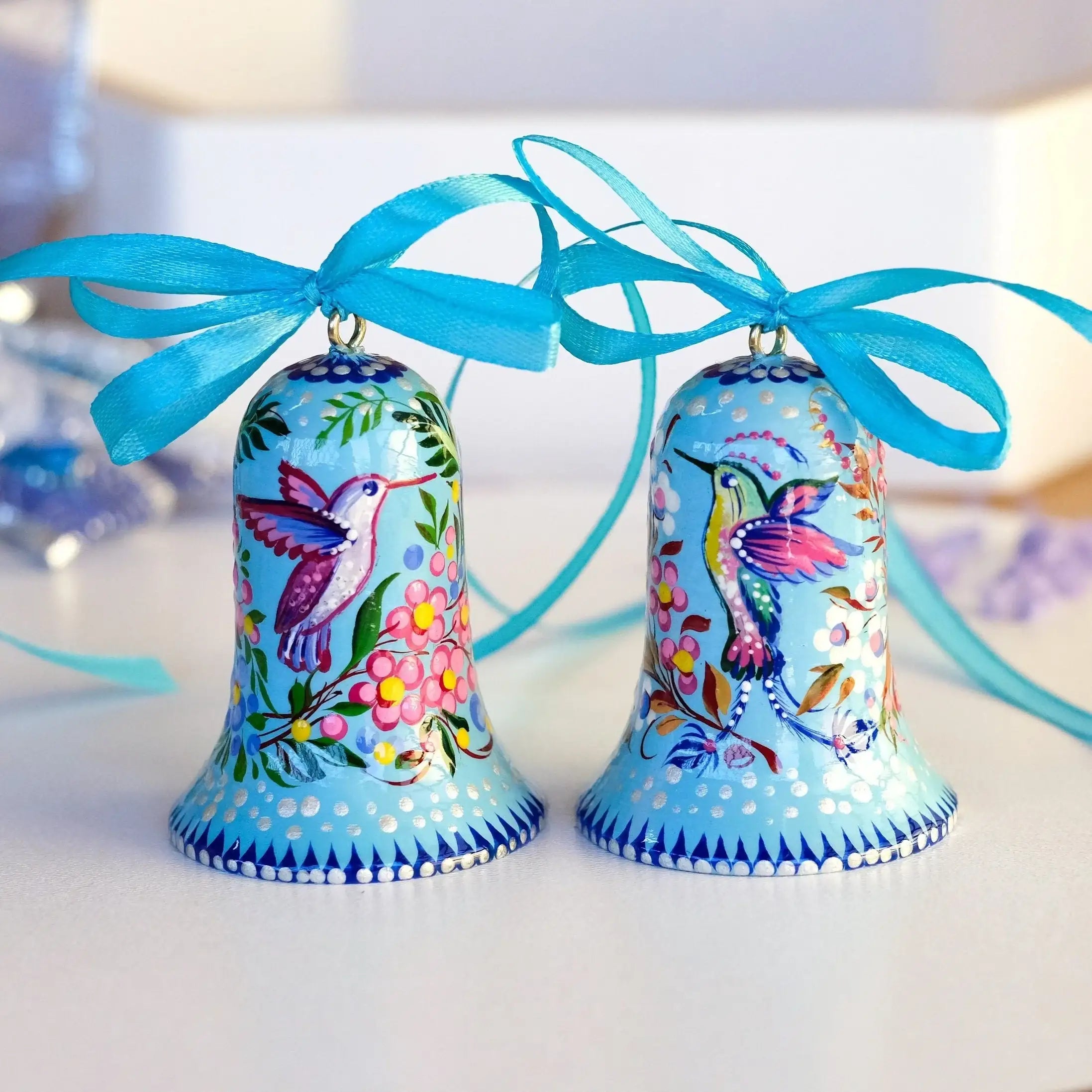 Painted Wooden Hummingbird Christmas Bell Ornament