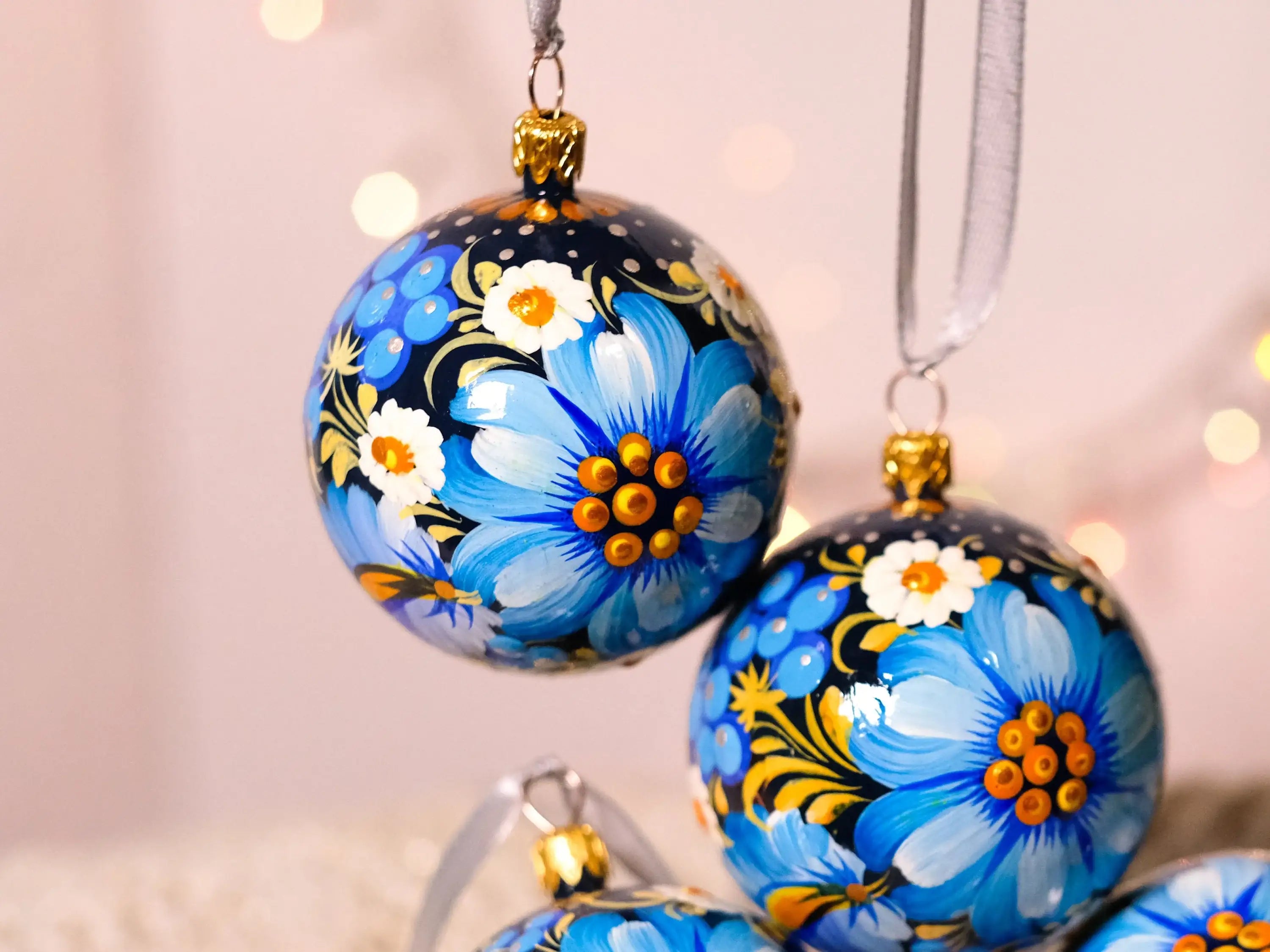 Set of 4 Painted Blue Flower Ukrainian Christmas Ball Ornaments 2.4 in