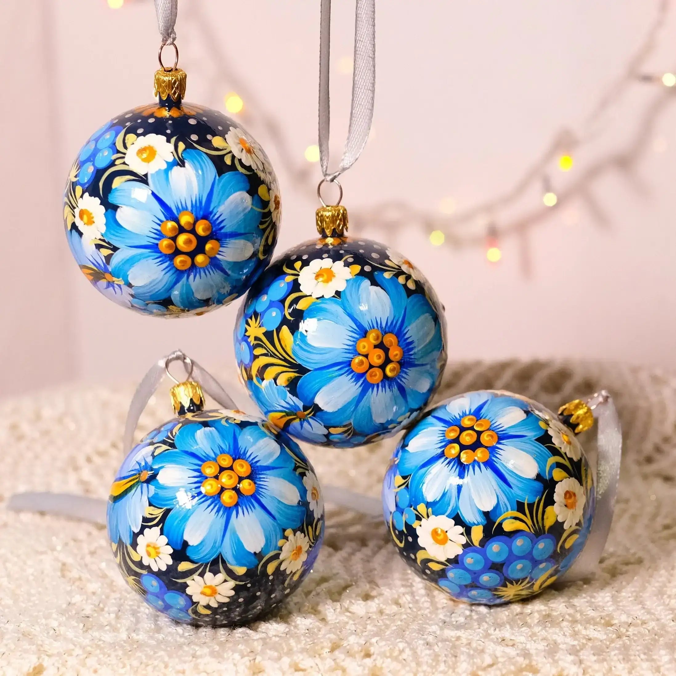 Set of 4 Painted Blue Flower Ukrainian Christmas Ball Ornaments 2.4 in