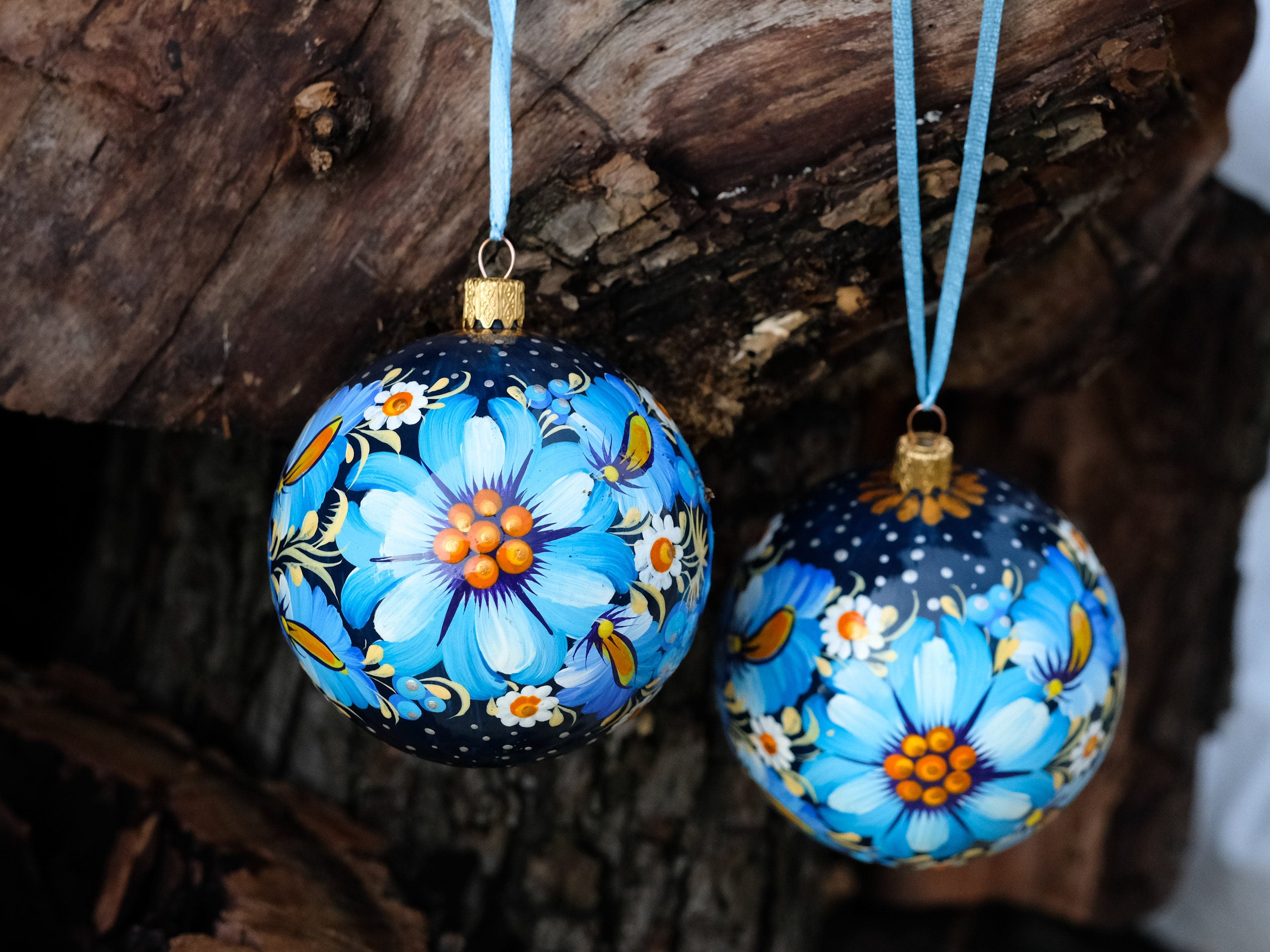 Painted Blue Flower Christmas Ornament