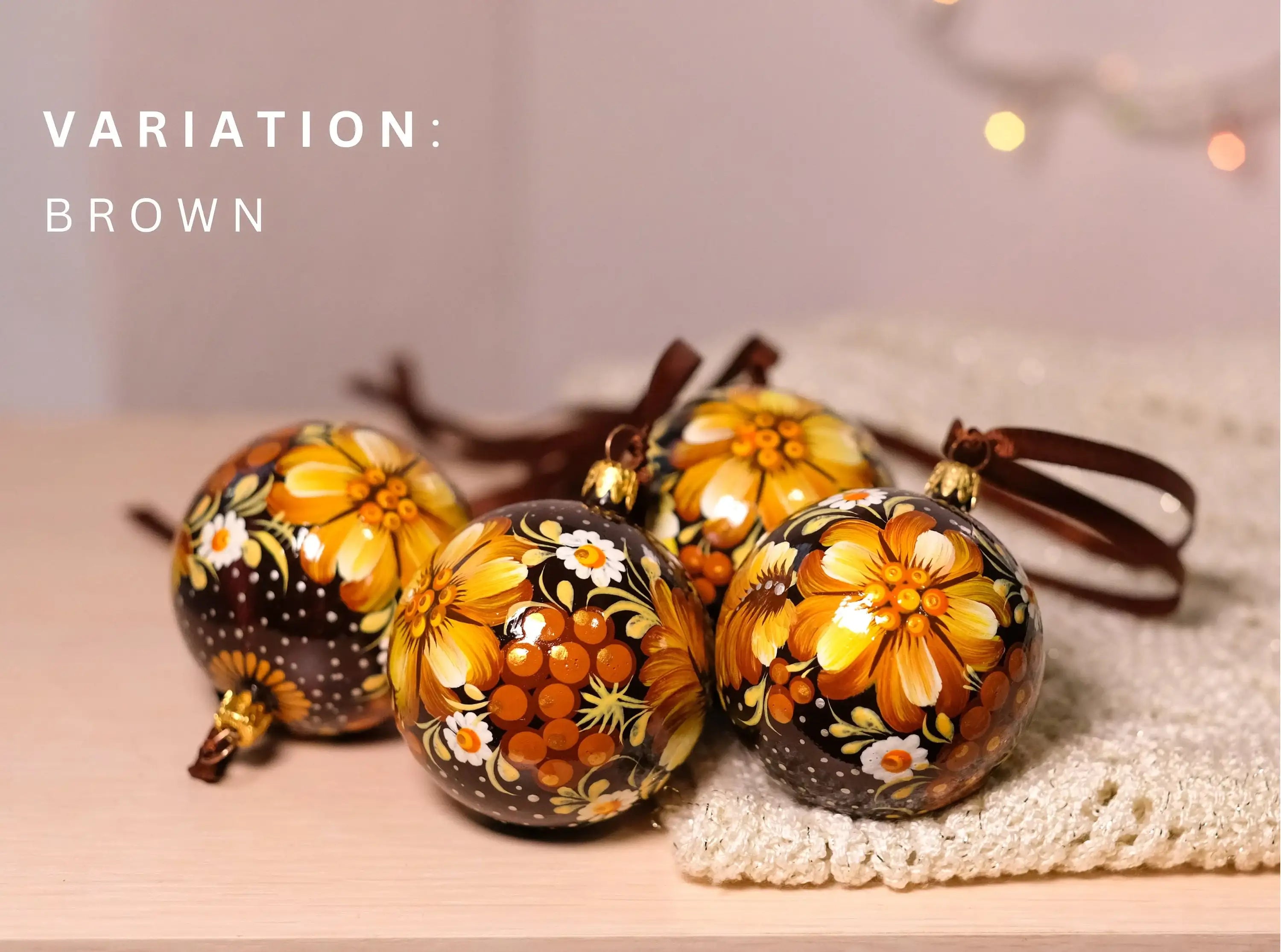 Set of 4 Painted Blue Flower Ukrainian Christmas Ball Ornaments 2.4 in