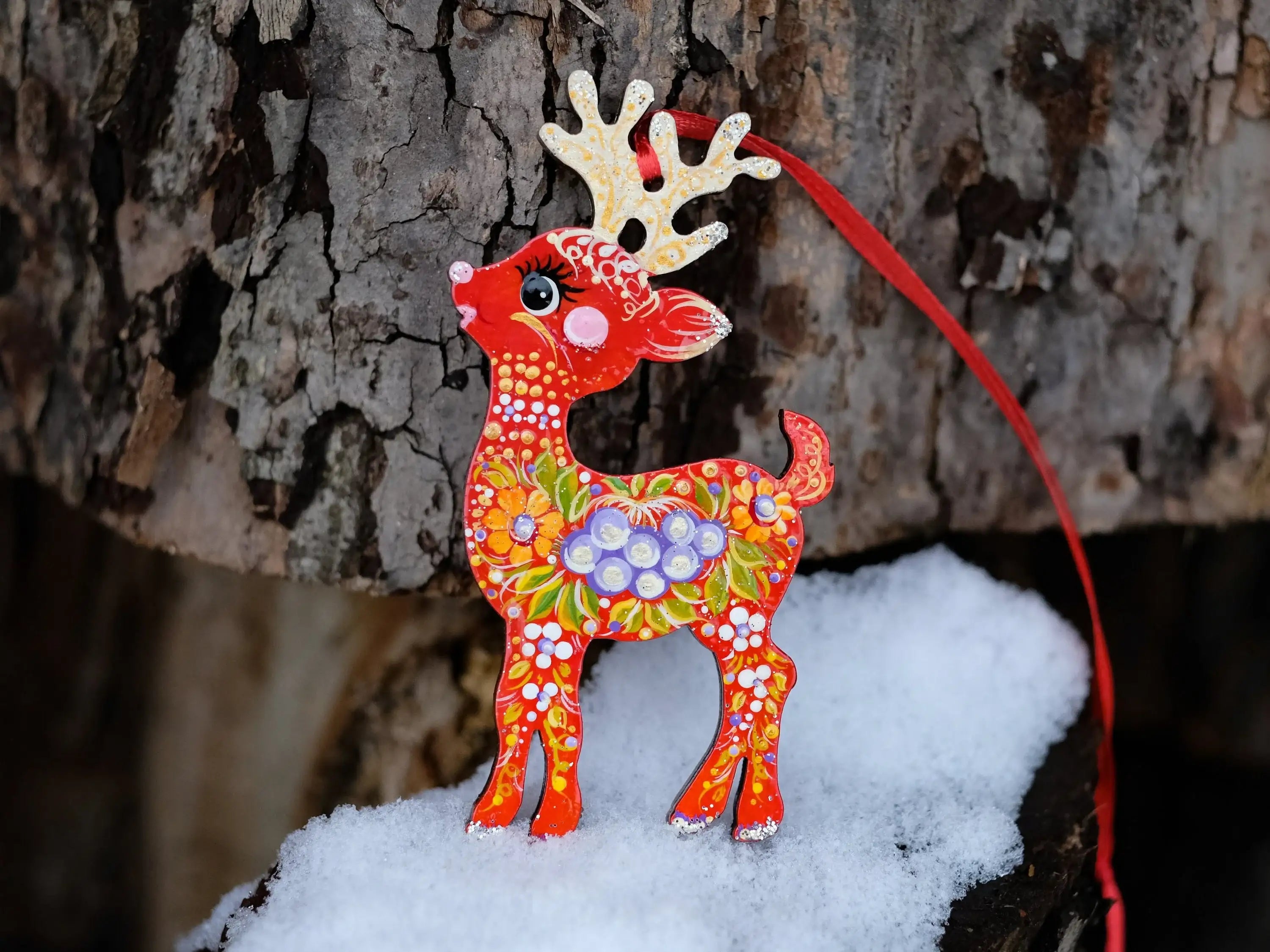 Hand-painted Wooden Deer Christmas Ornament