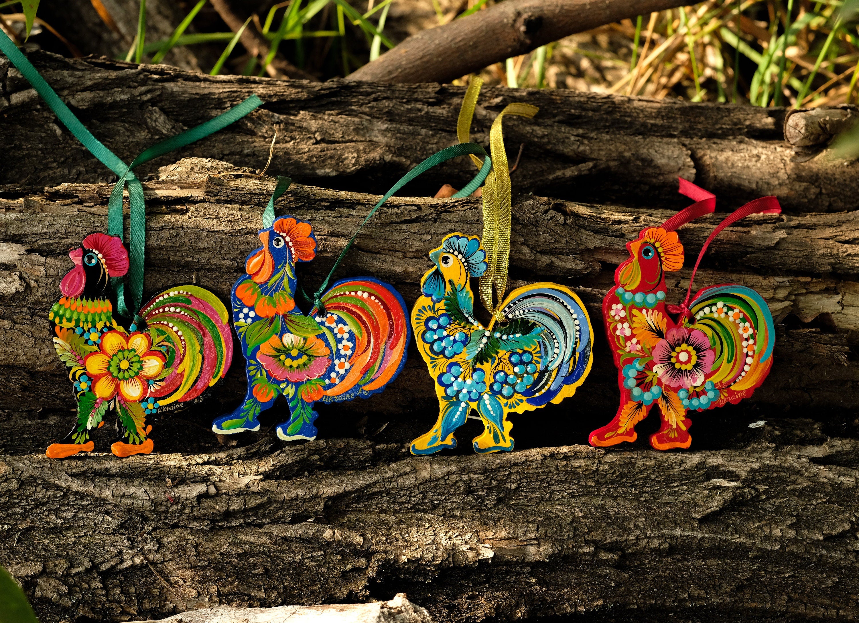 Hand-painted Wooden Rooster Christmas ornament