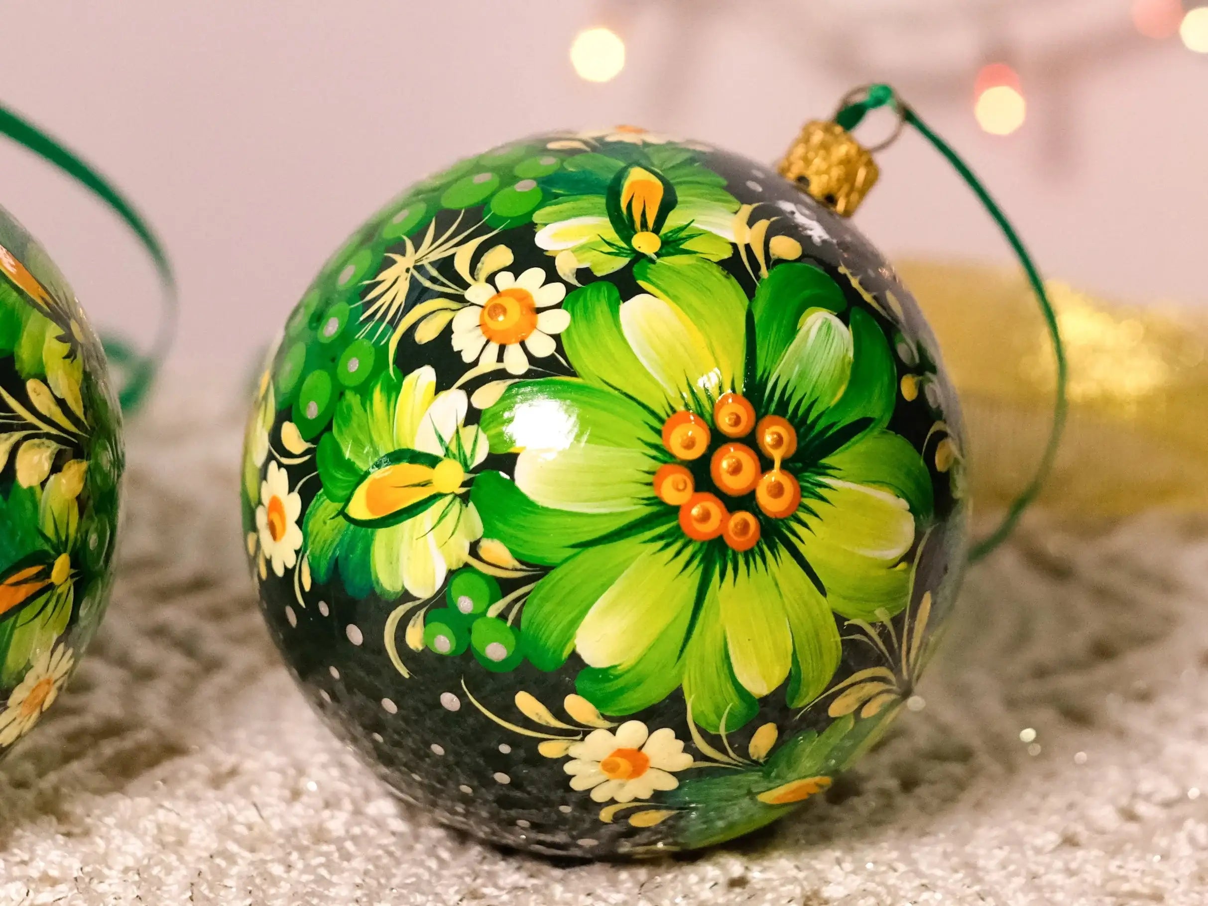 Hand-painted Green Flower Christmas Ornament 3.14 in