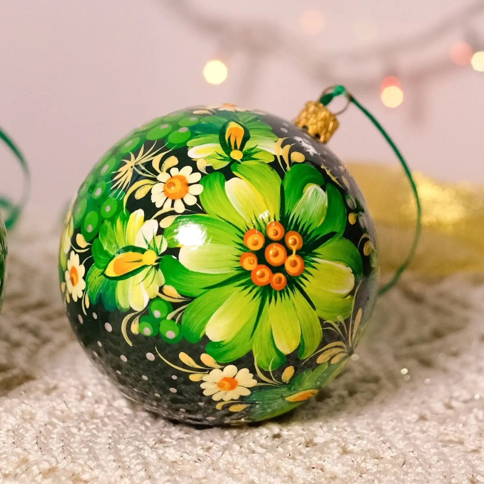 Hand-painted Green Flower Christmas Ornament 3.14 in