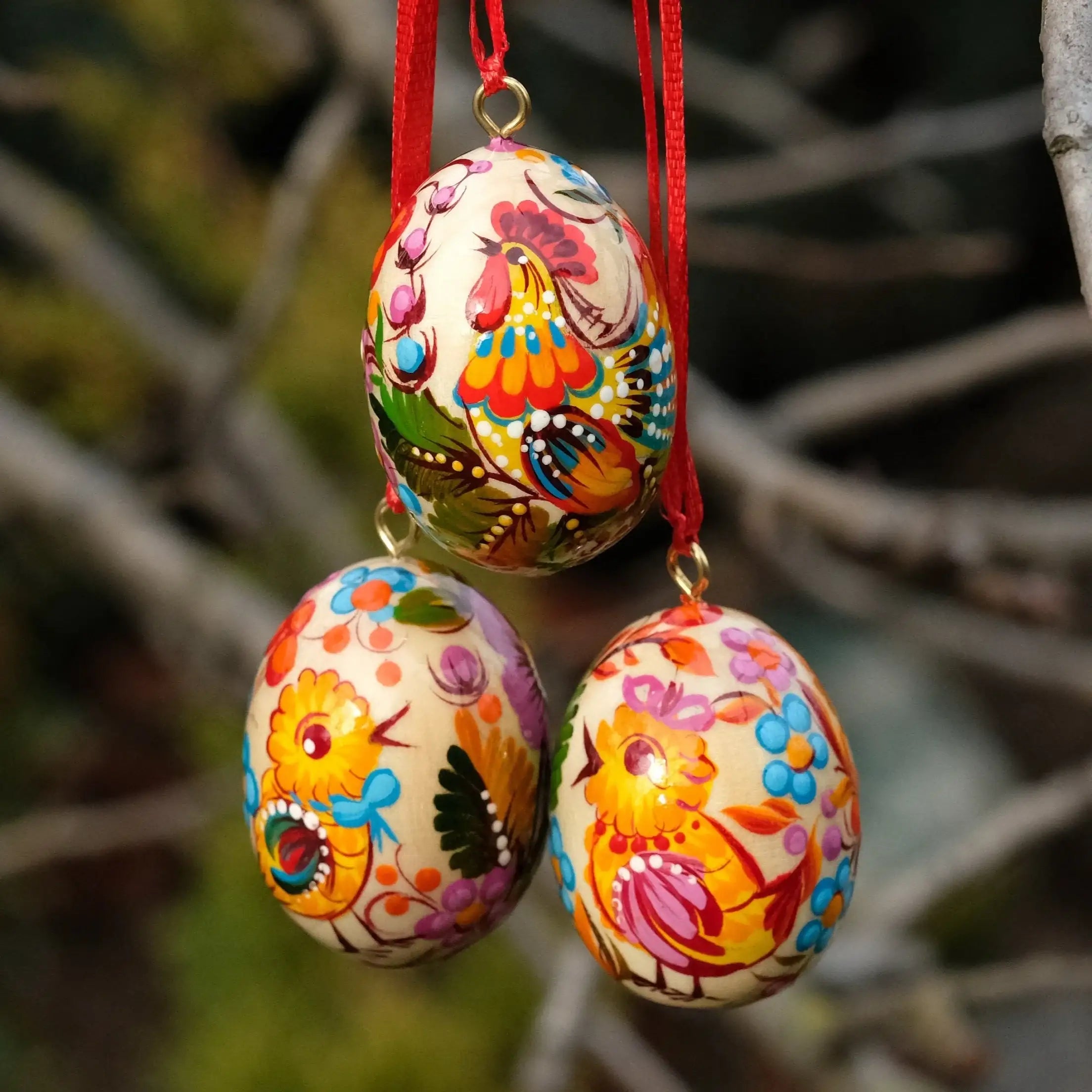 Set of 3 Mini Wooden Easter Eggs 2.9 in - Painted Ukrainian Pysanky Eggs