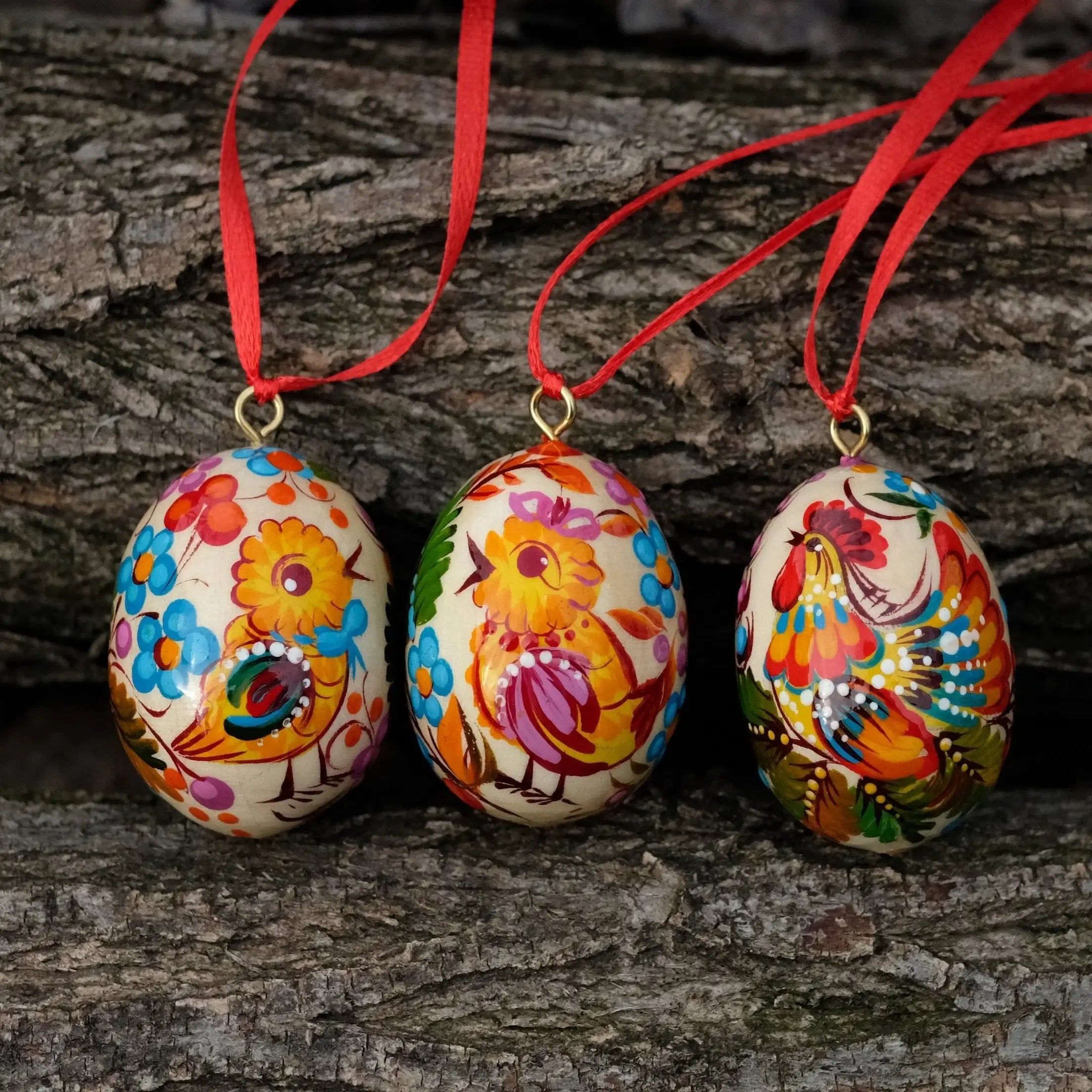 Set of 3 Mini Wooden Easter Eggs 2.9 in - Painted Ukrainian Pysanky Eggs
