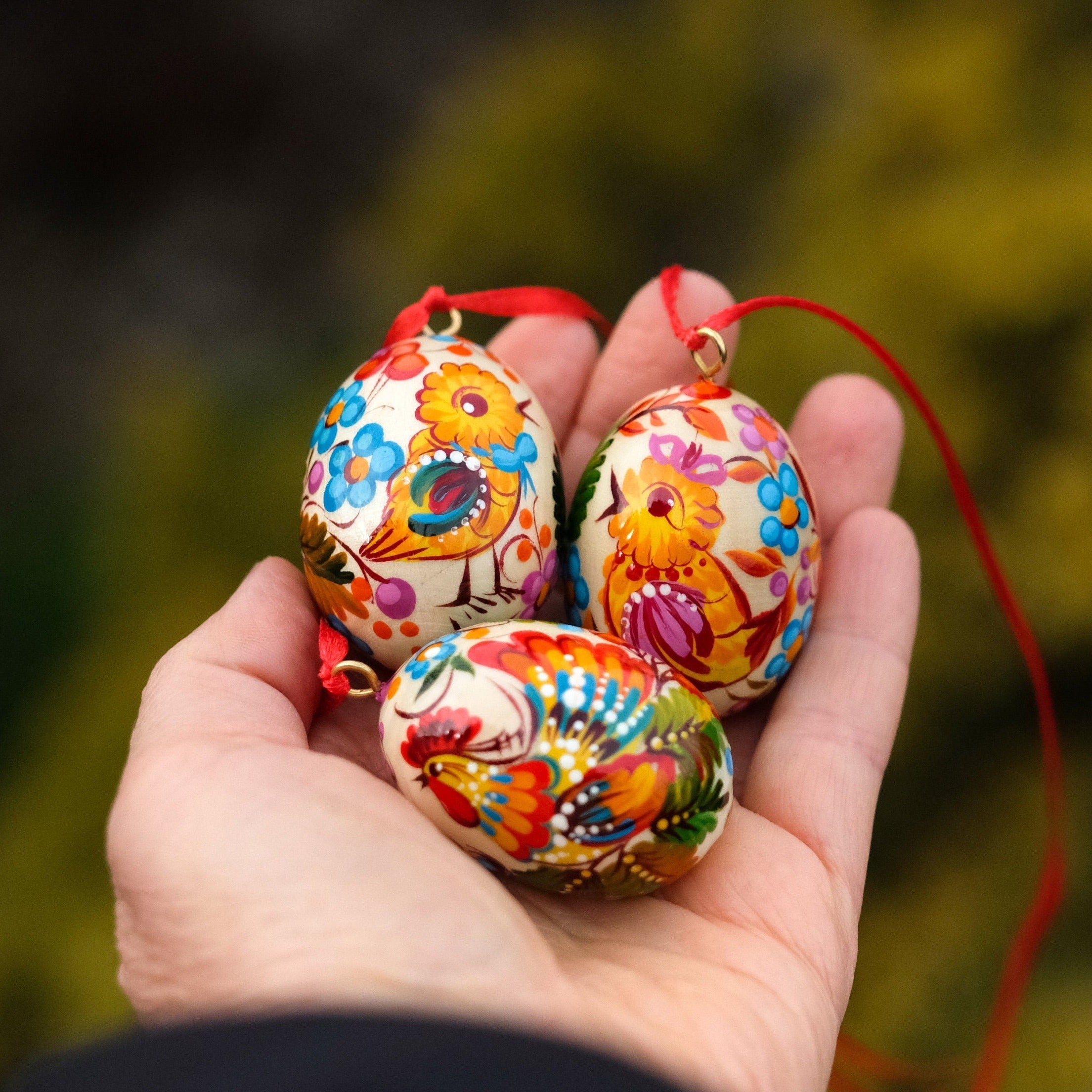 Set of 3 Mini Wooden Easter Eggs 2.9 in - Painted Ukrainian Pysanky Eggs