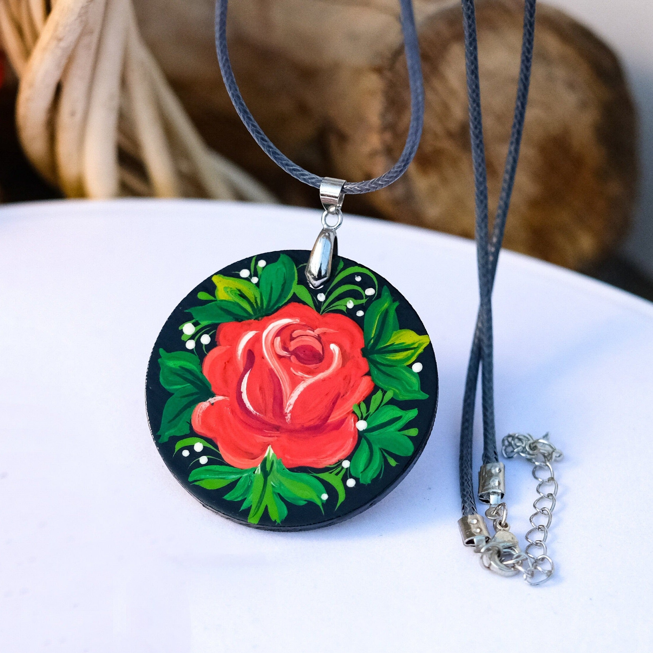Lightweight Painted Wooden Rose Pendant Necklace - Red Flower Artisanal Large Circle Statement Necklace