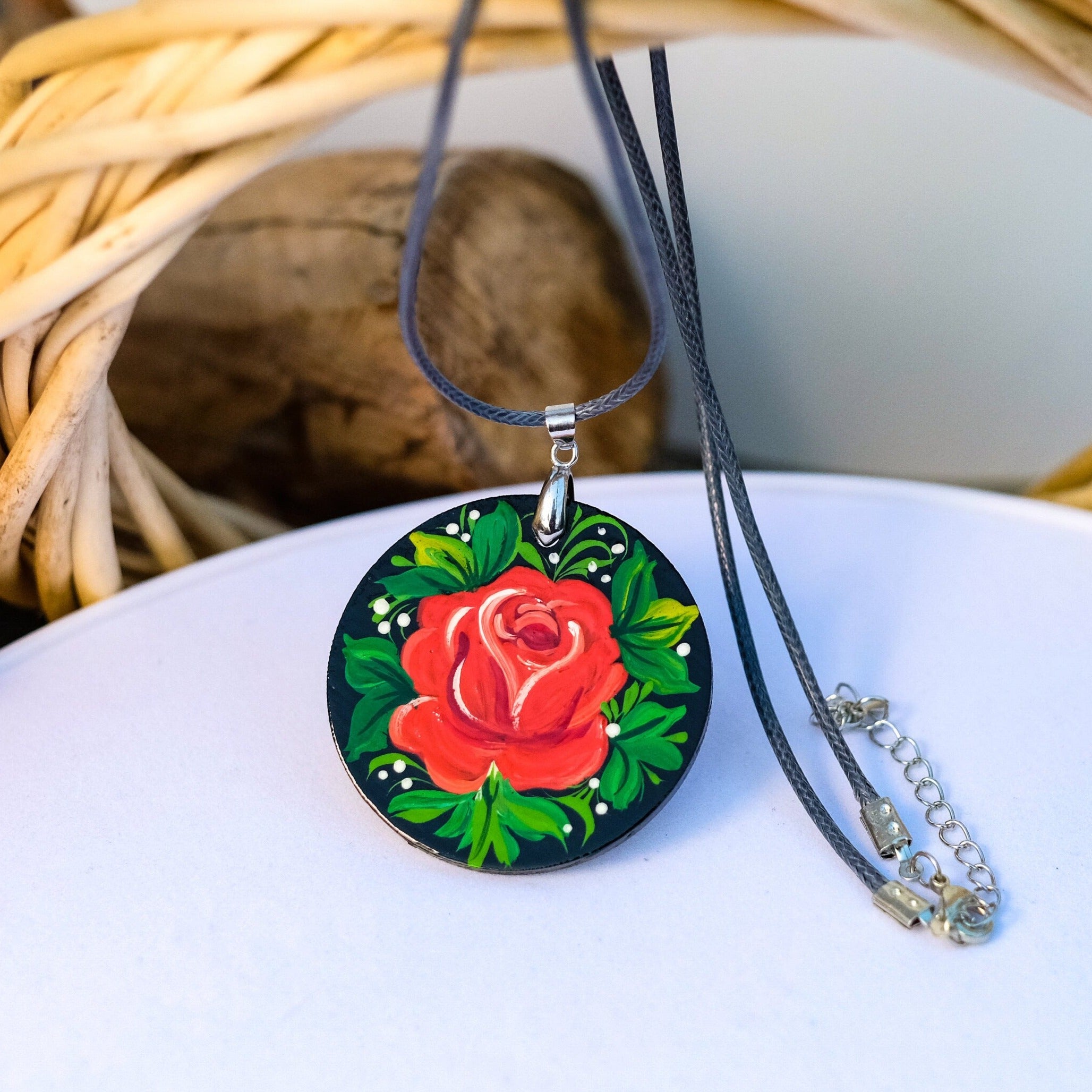 Lightweight Painted Wooden Rose Pendant Necklace - Red Flower Artisanal Large Circle Statement Necklace