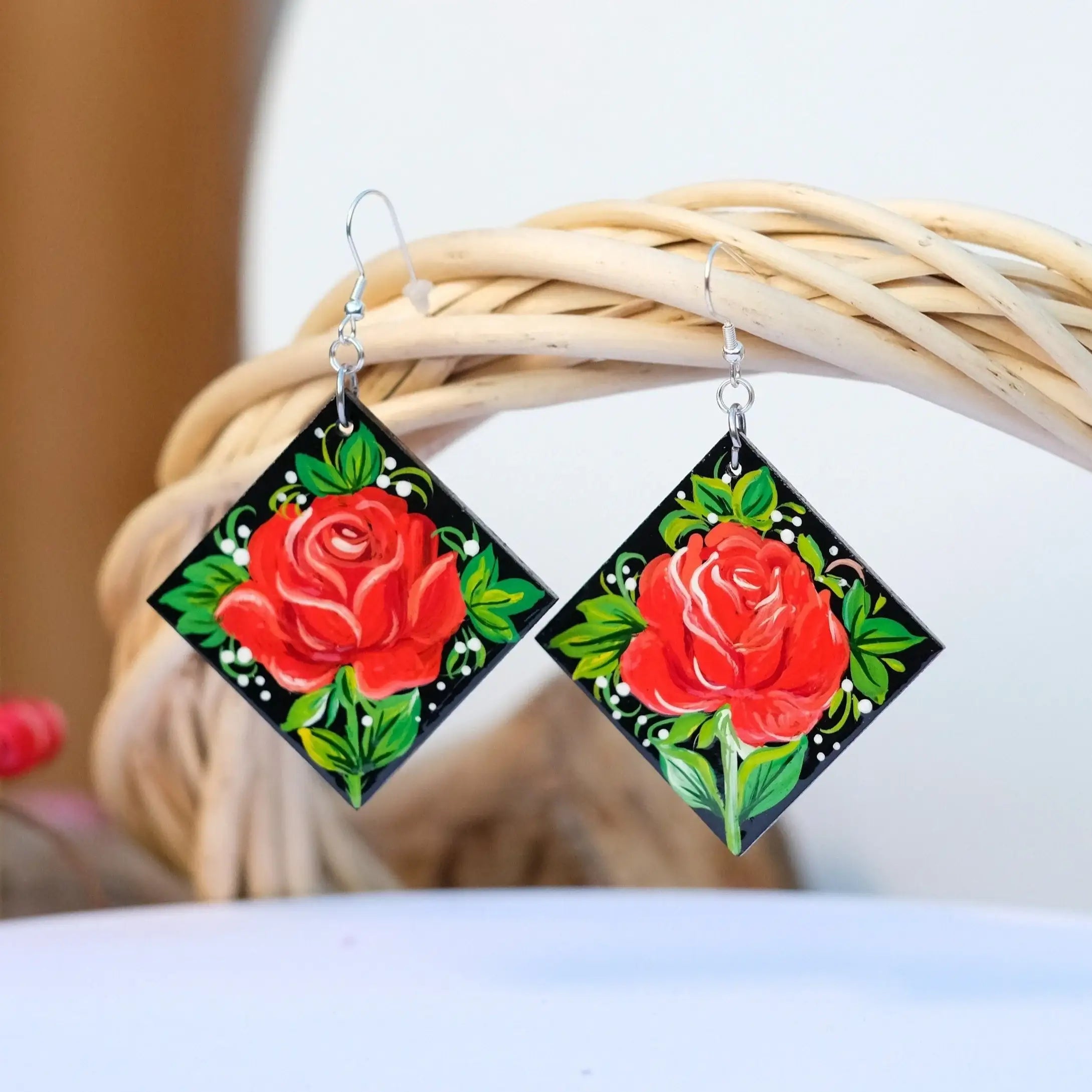 Hypoallergenic Wooden Painted Roses Earrings - Hypoallergenic & Lightweight