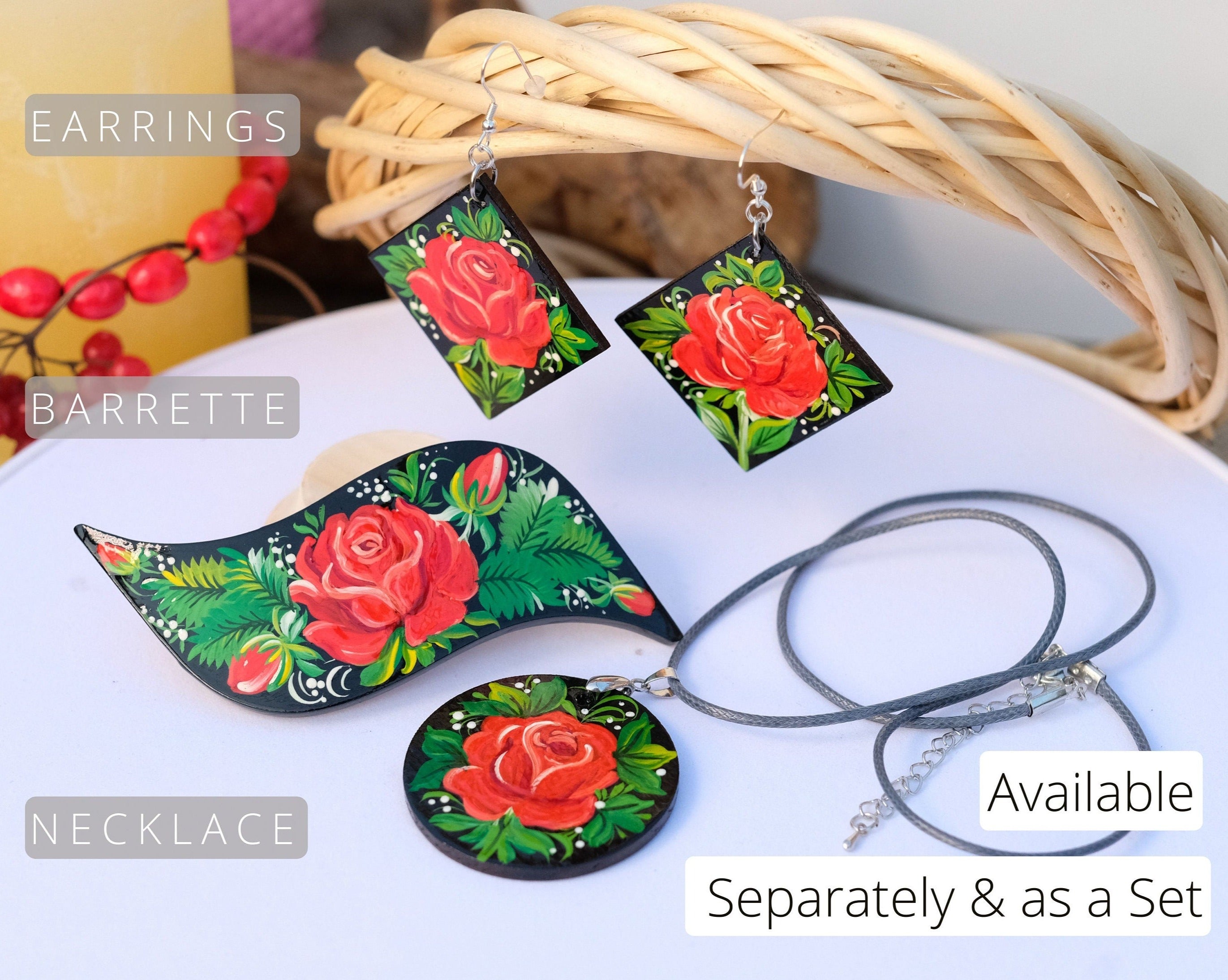 Hand-painted Wooden Hair Barrette with Roses - Artisanal Petrykivka Art Red Flower French Hair Clip
