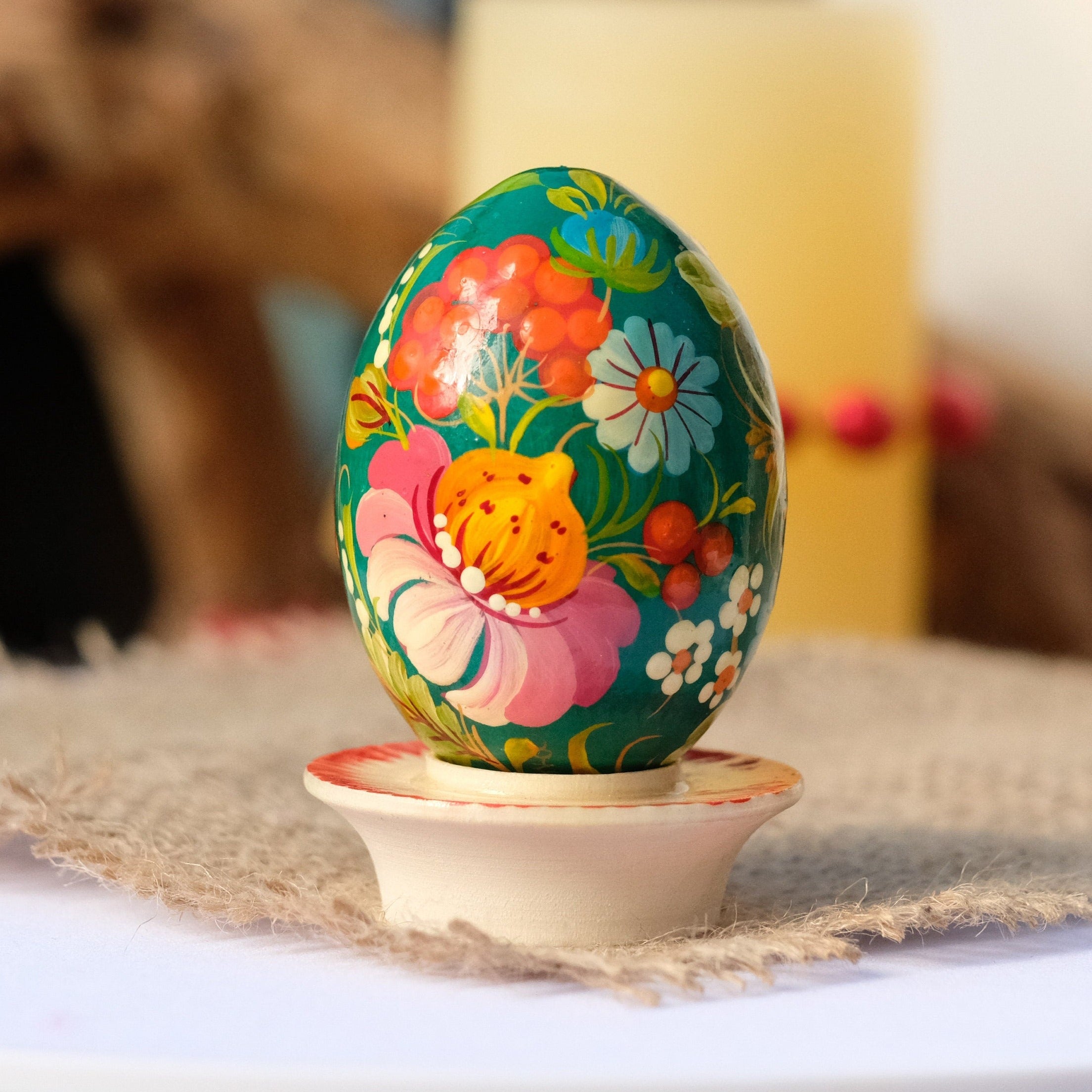 Painted Wooden Rooster Easter Egg - Ukrainian Pysanky Egg