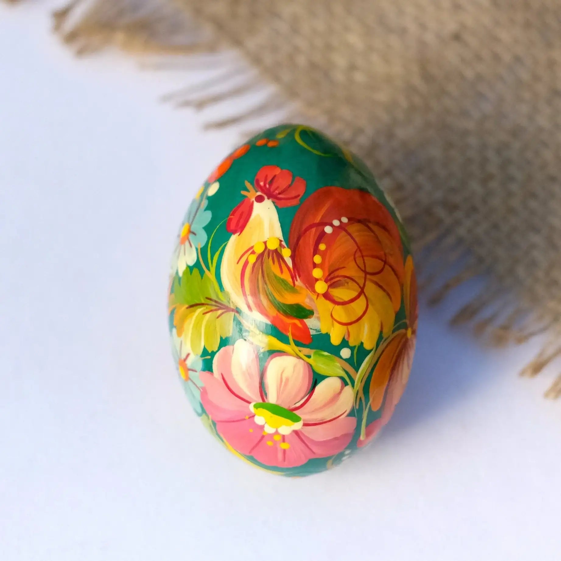 Painted Wooden Rooster Easter Egg - Ukrainian Pysanky Egg