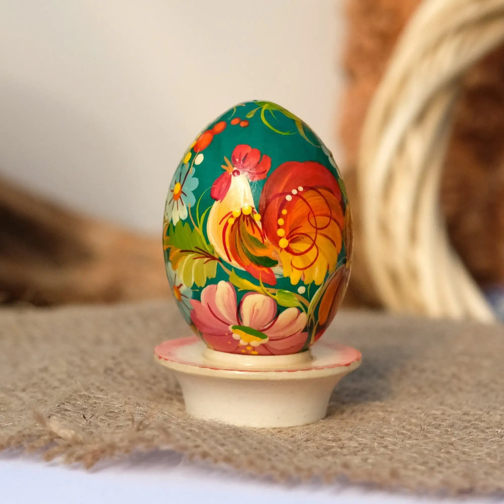 Painted Wooden Rooster Easter Egg - Ukrainian Pysanky Egg