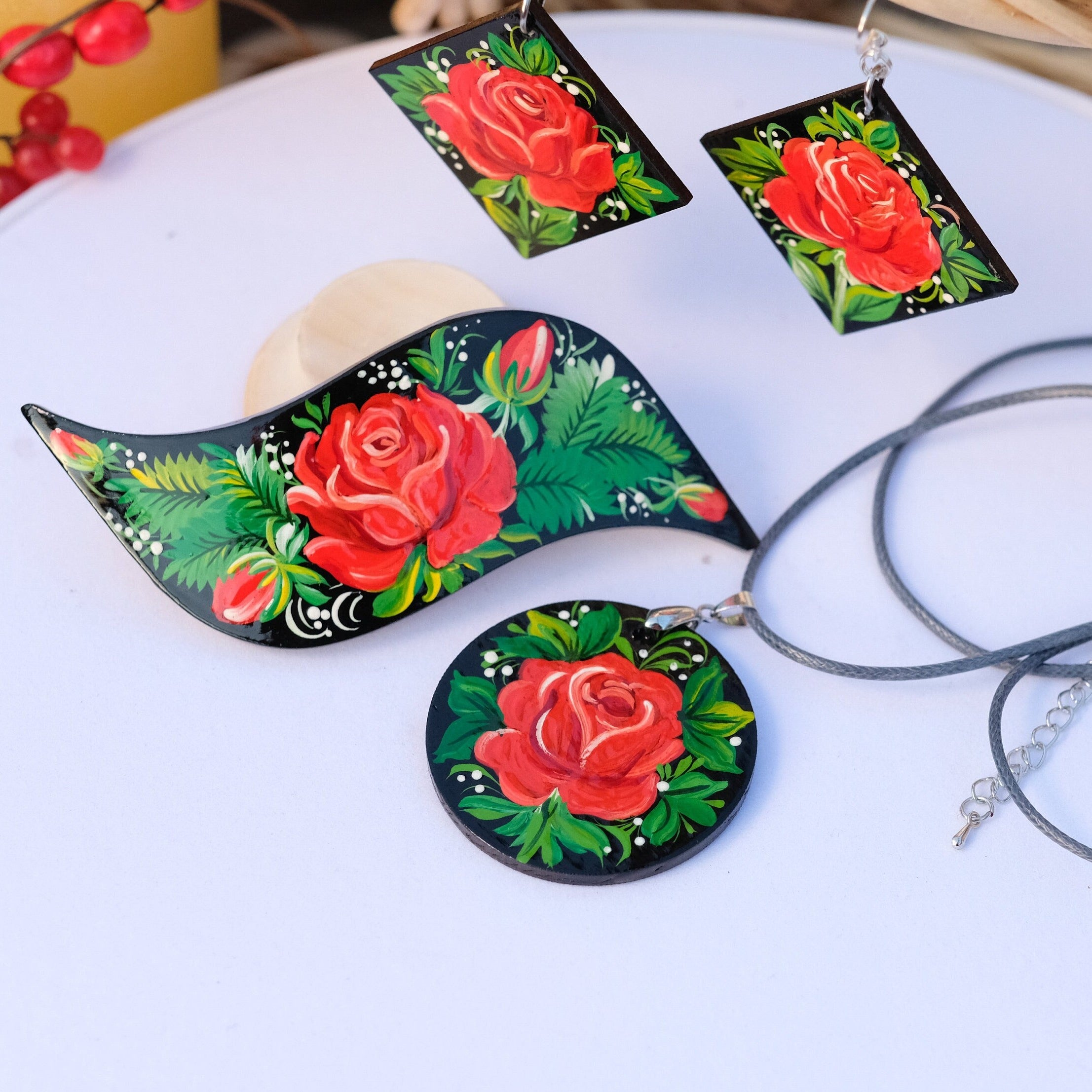 Lightweight Painted Wooden Rose Pendant Necklace - Red Flower Artisanal Large Circle Statement Necklace