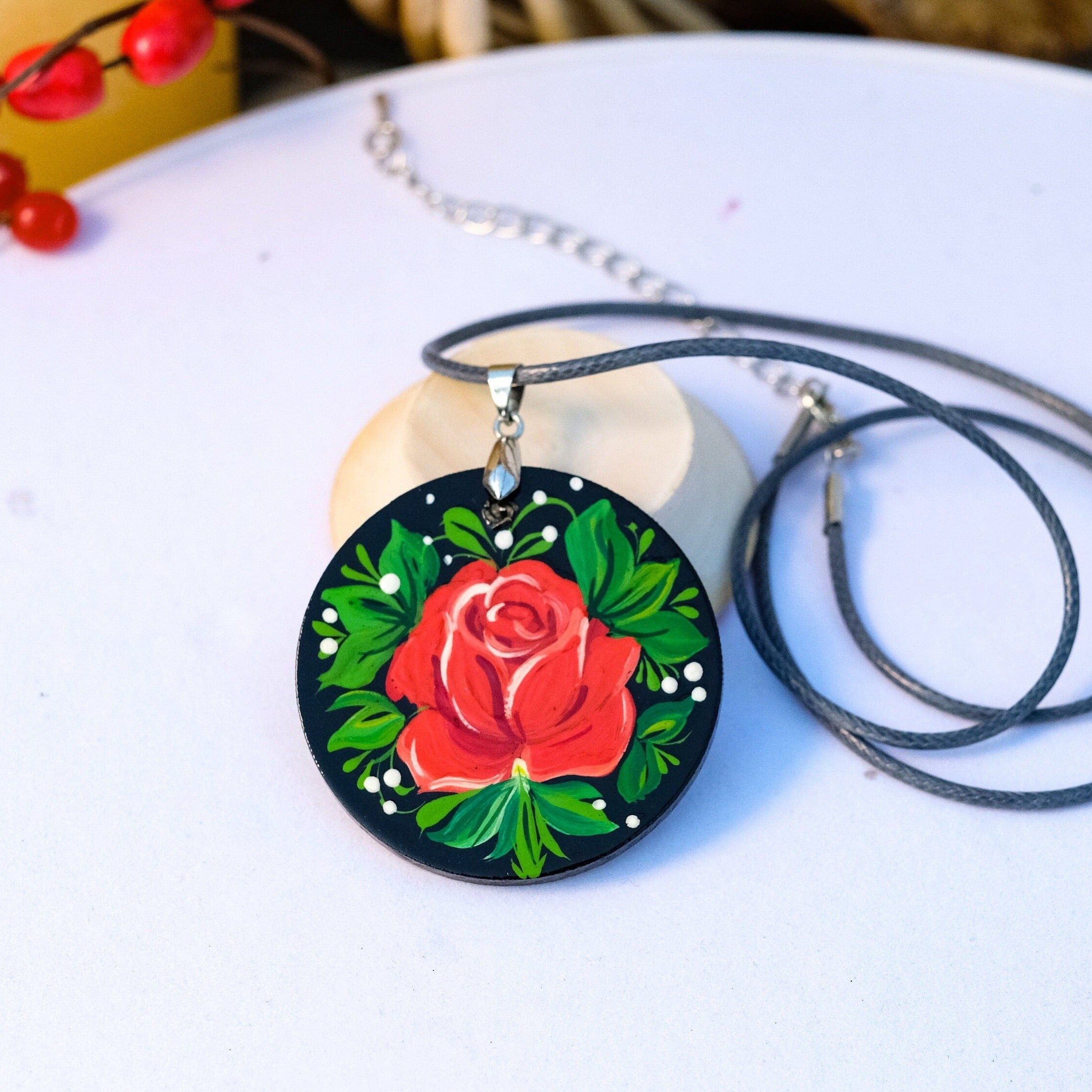 Lightweight Painted Wooden Rose Pendant Necklace - Red Flower Artisanal Large Circle Statement Necklace