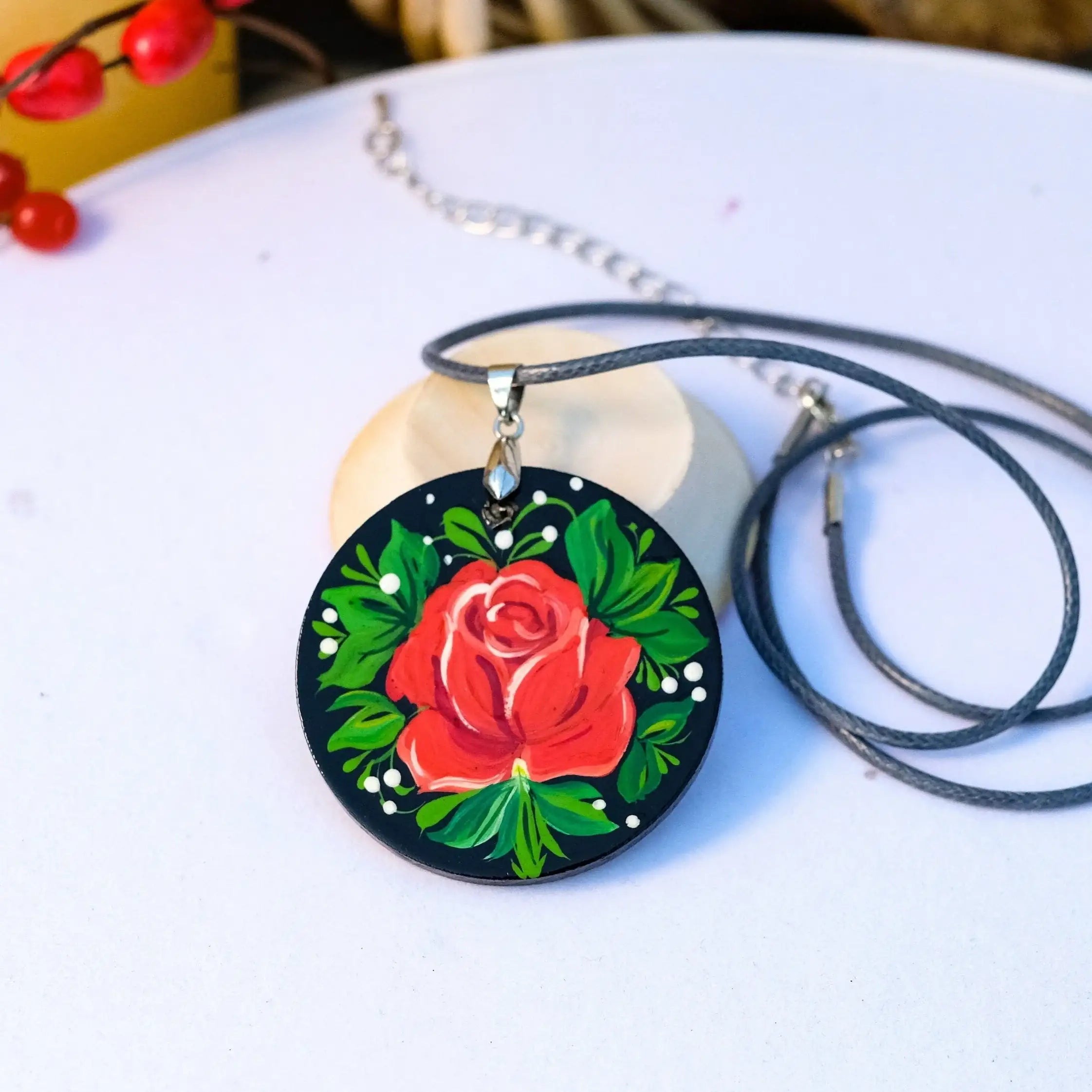 Lightweight Painted Wooden Rose Pendant Necklace - Red Flower Artisanal Large Circle Statement Necklace