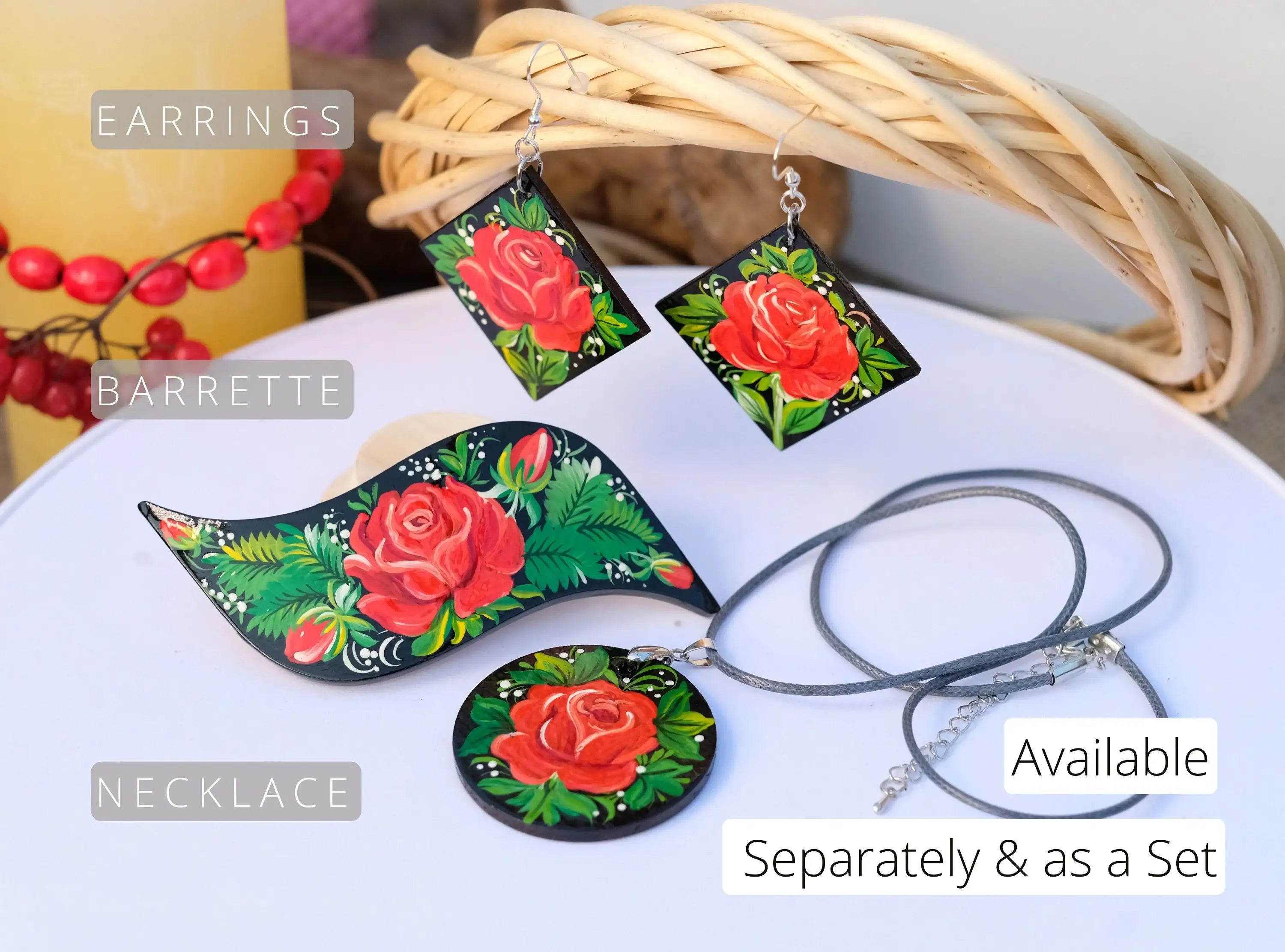 Hypoallergenic Wooden Painted Roses Earrings - Hypoallergenic & Lightweight