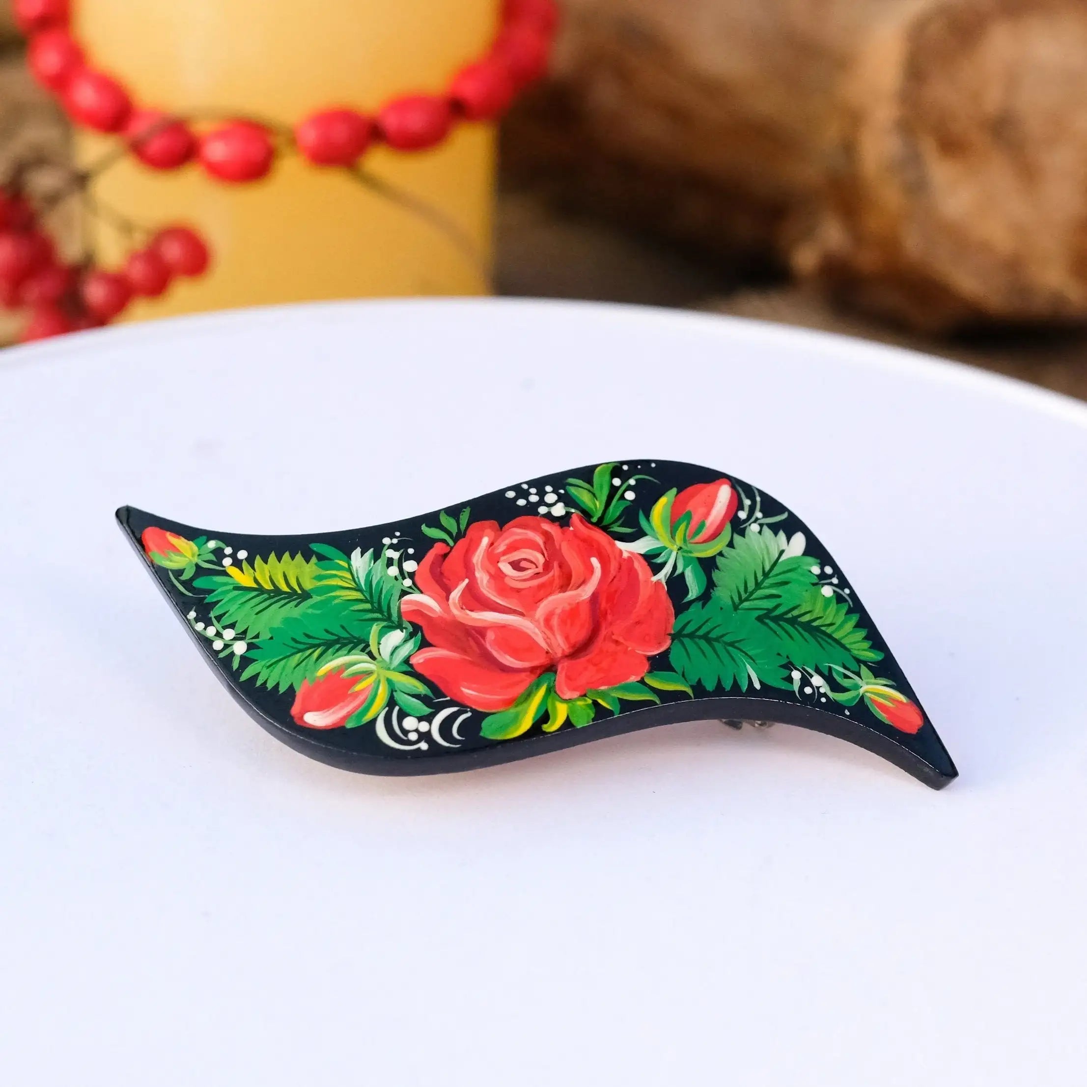 Hand-painted Wooden Hair Barrette with Roses - Artisanal Petrykivka Art Red Flower French Hair Clip