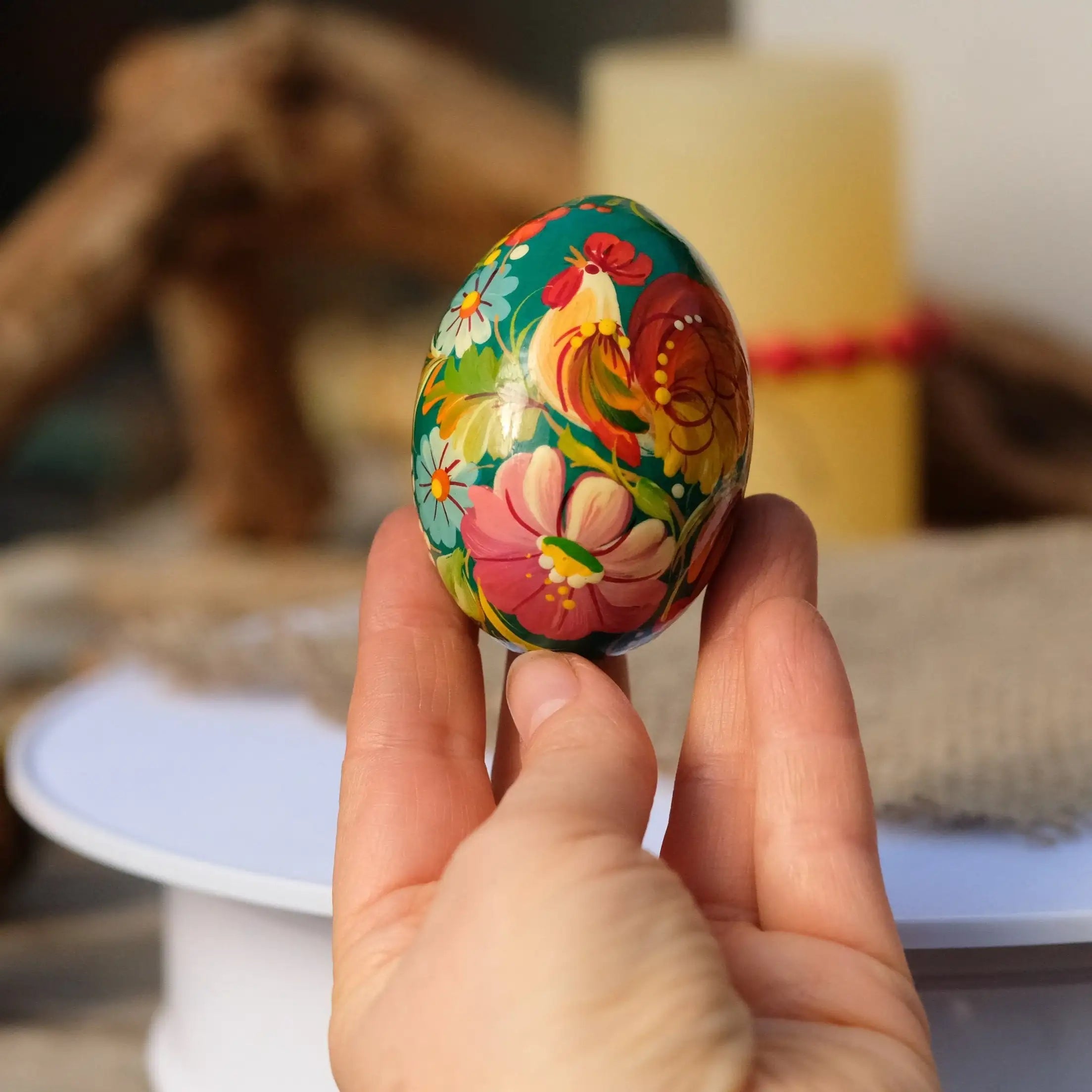 Painted Wooden Rooster Easter Egg - Ukrainian Pysanky Egg