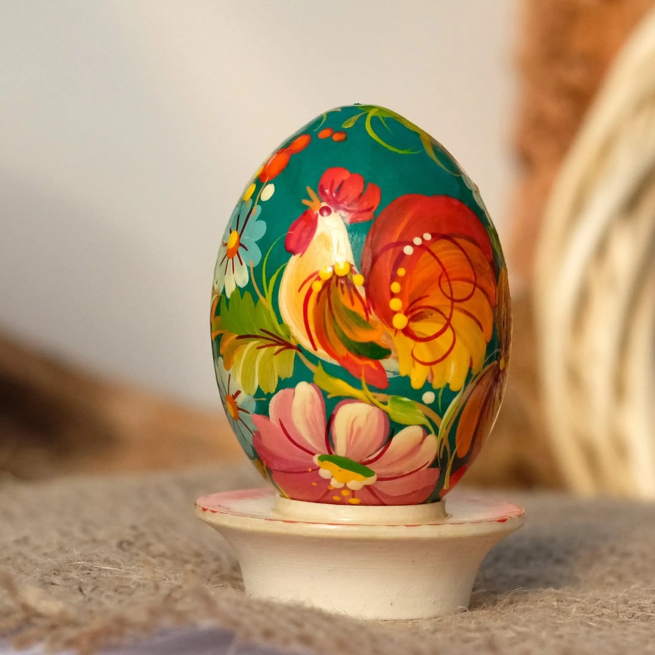 Painted Wooden Rooster Easter Egg - Ukrainian Pysanky Egg