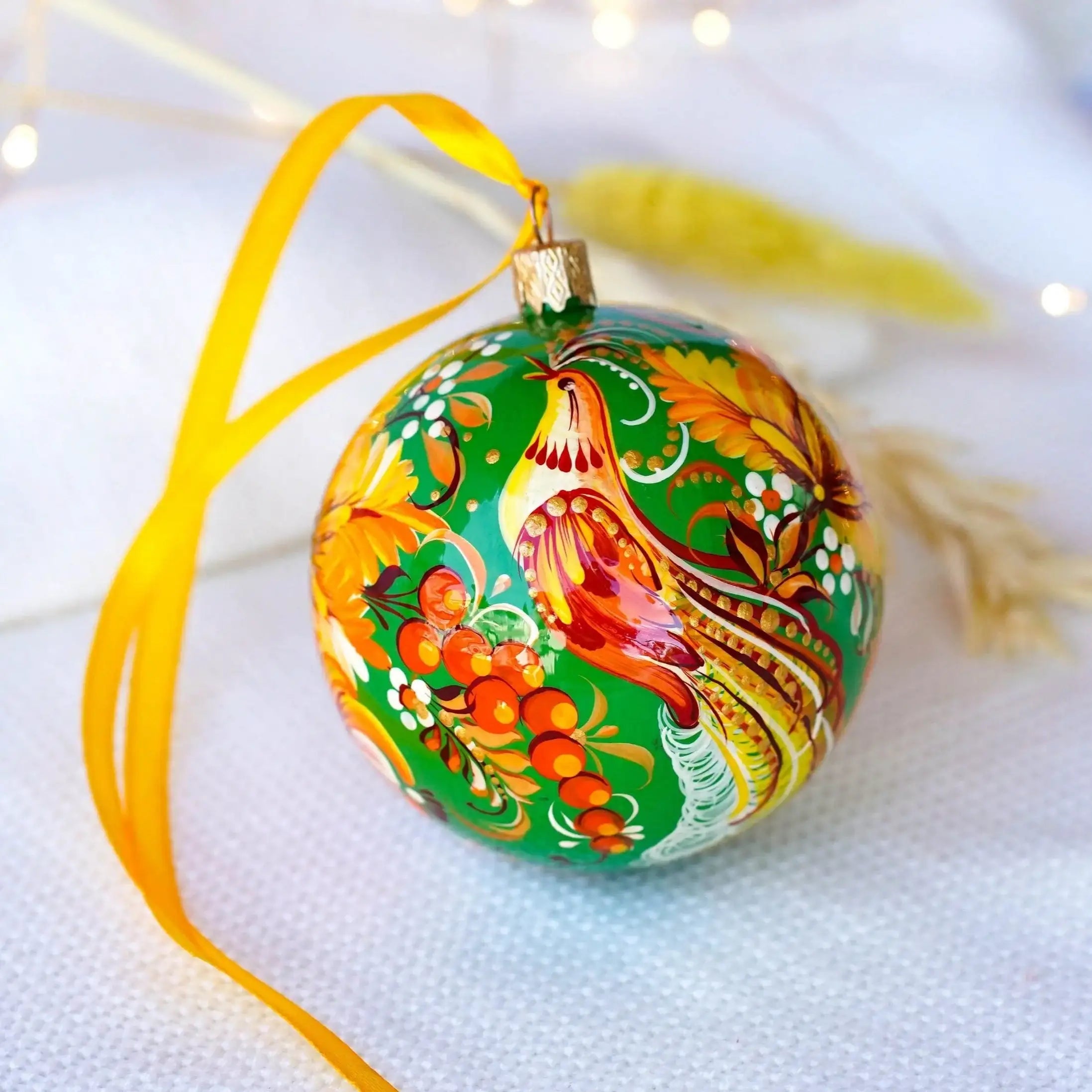 Painted Fairy Bird Green Christmas Ornament Ball 3.14 in