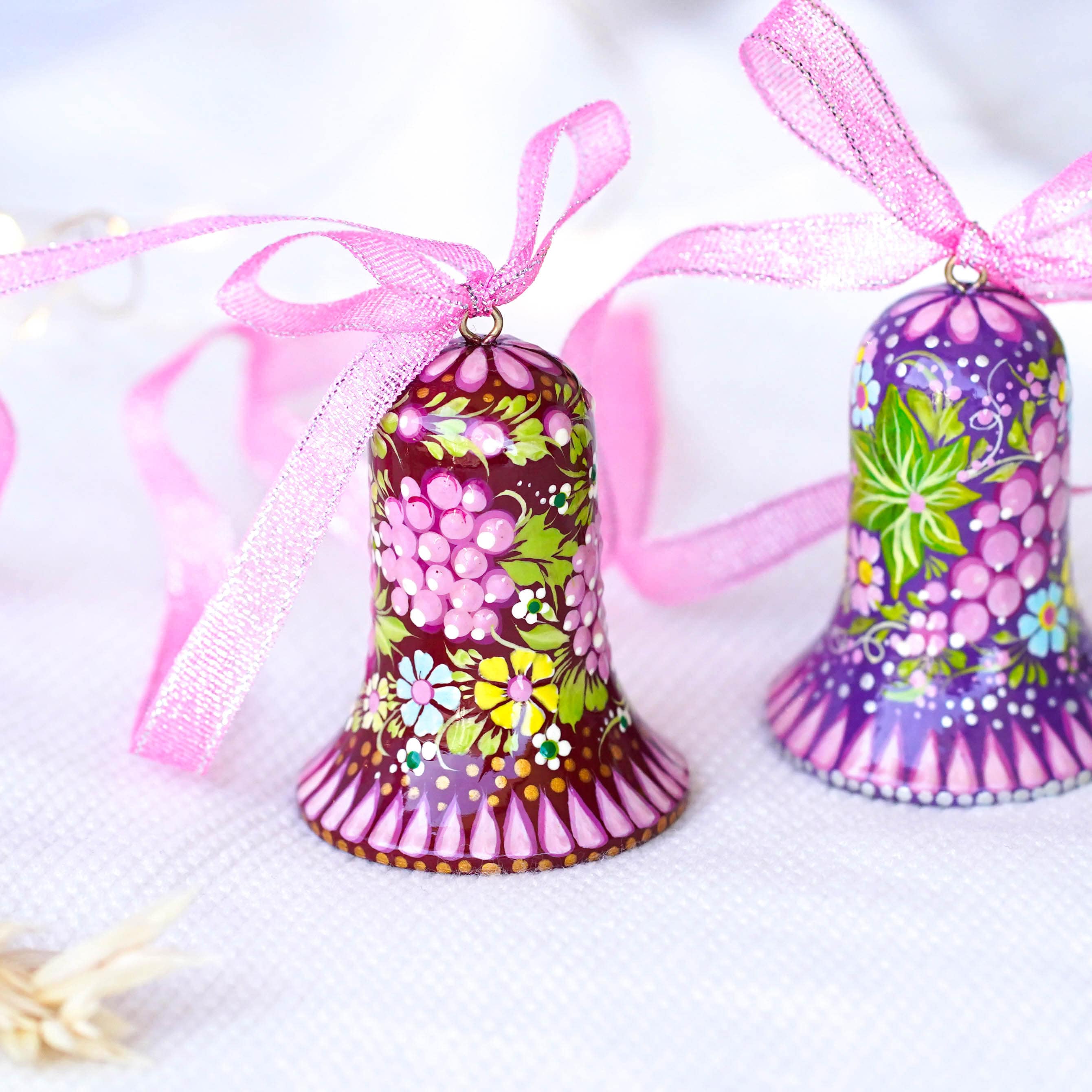 Wooden Christmas Bell Ornament Hand-painted with Ukrainian Petrykivka Art
