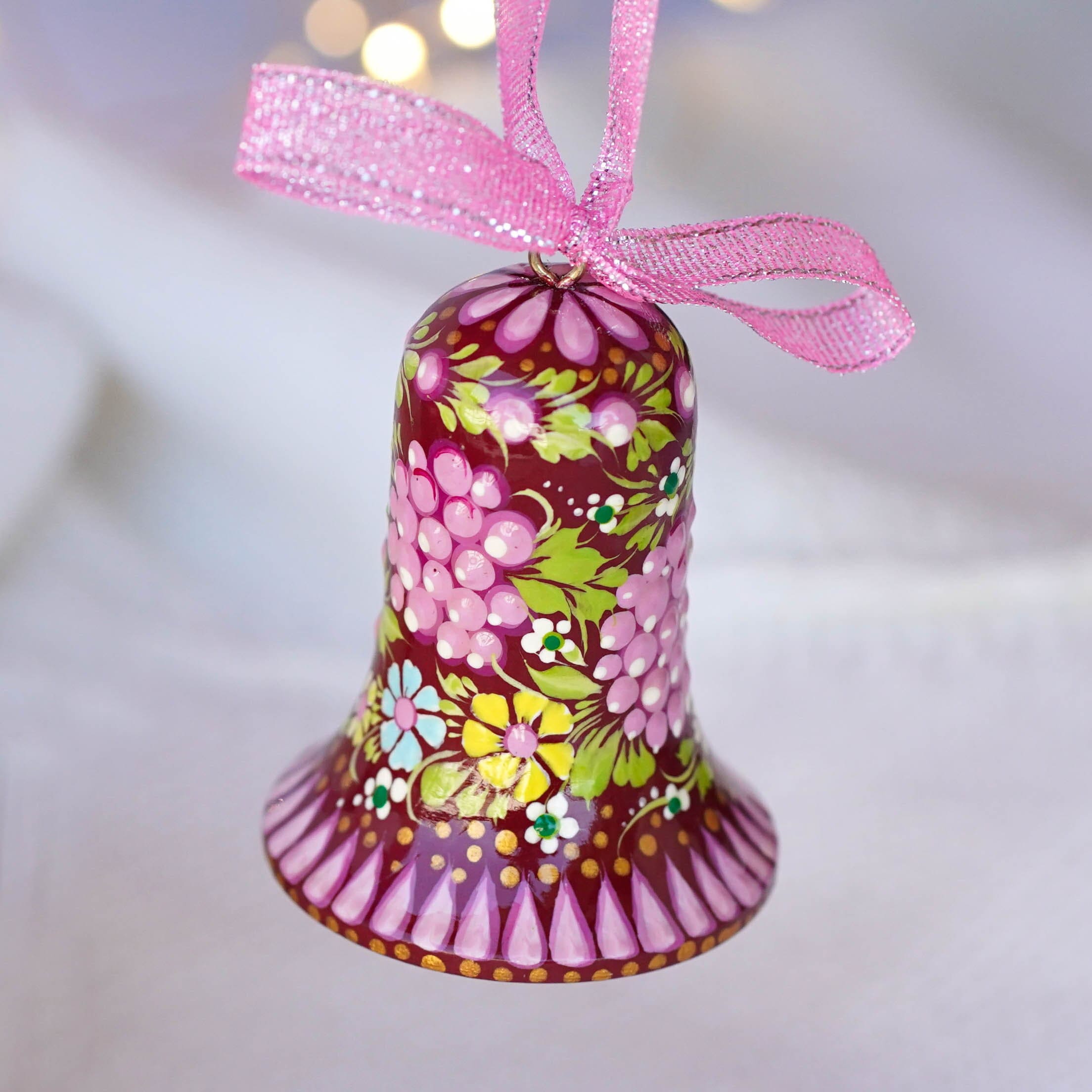 Wooden Christmas Bell Ornament Hand-painted with Ukrainian Petrykivka Art