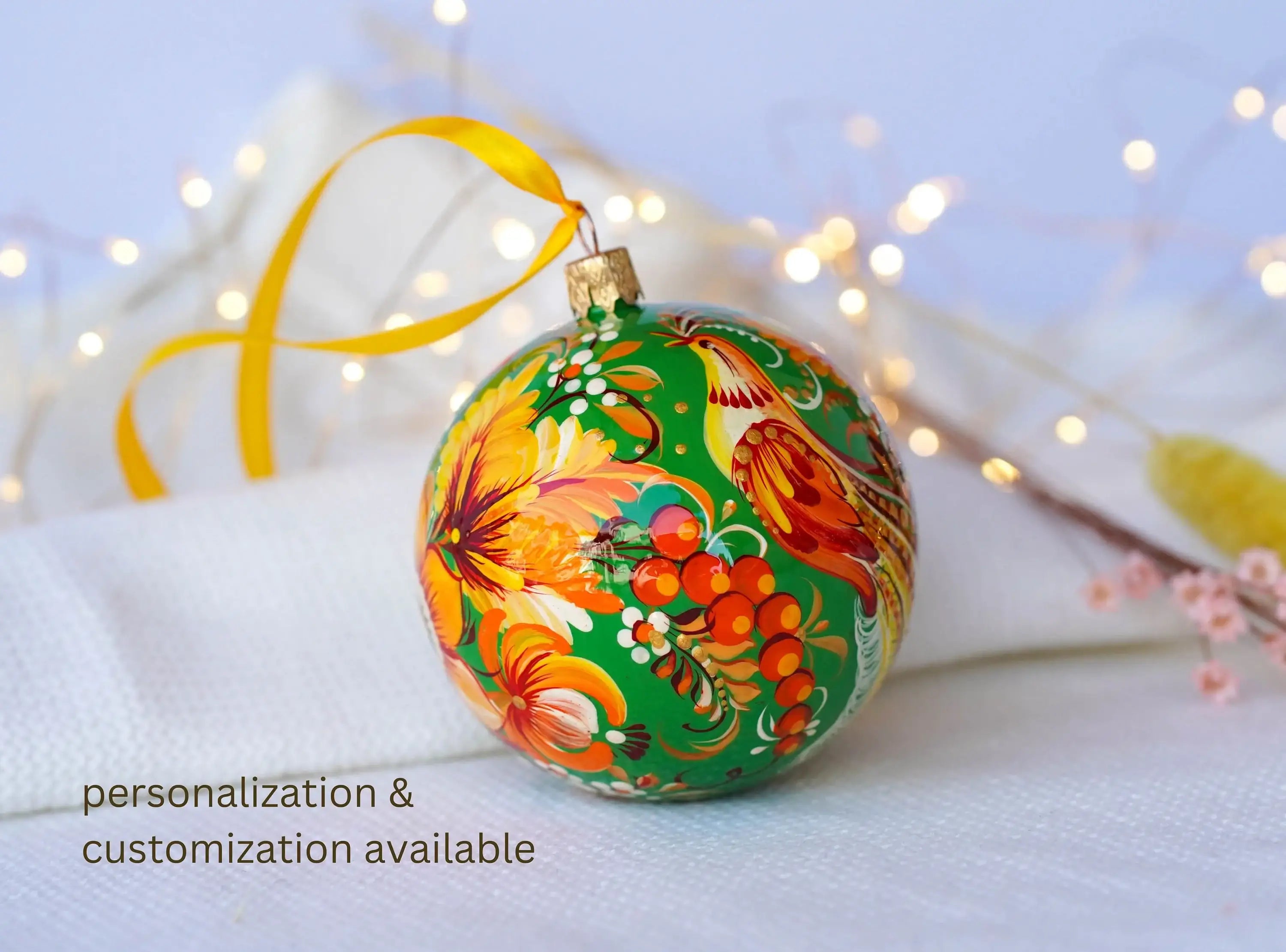 Painted Fairy Bird Green Christmas Ornament Ball 3.14 in