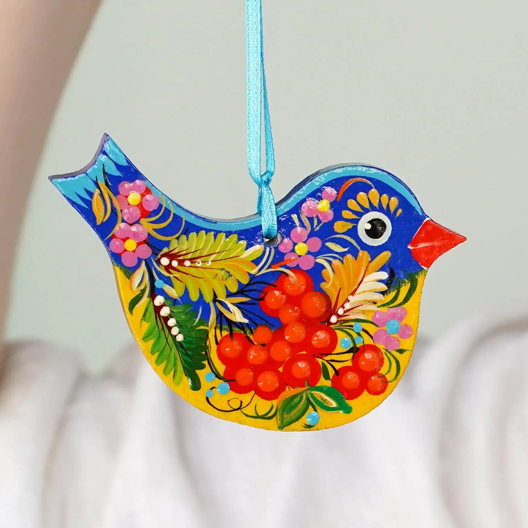 Painted Ukrainian Bird Christmas Ornament Wooden