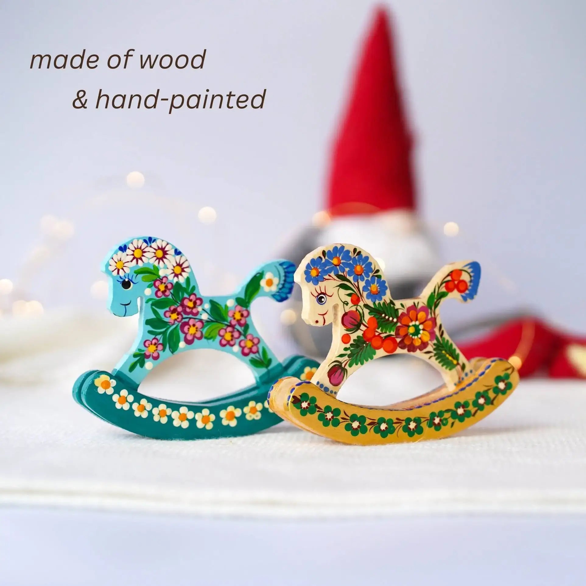 Wooden Rocking Horse Ornament Hand-painted with Ukrainian Folk Art