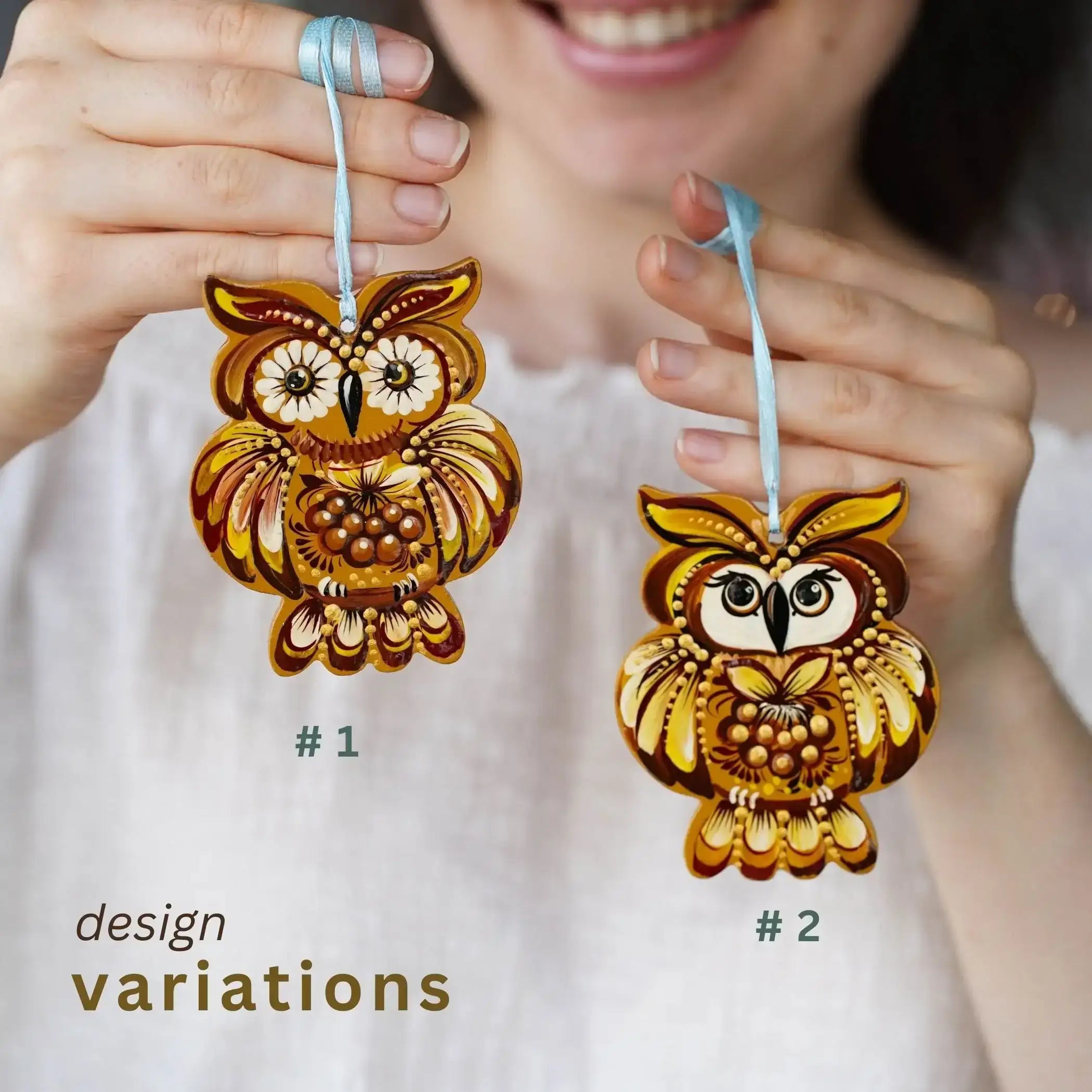 Wooden Owl Easter Ornament Hand-painted with Petrylivka Art