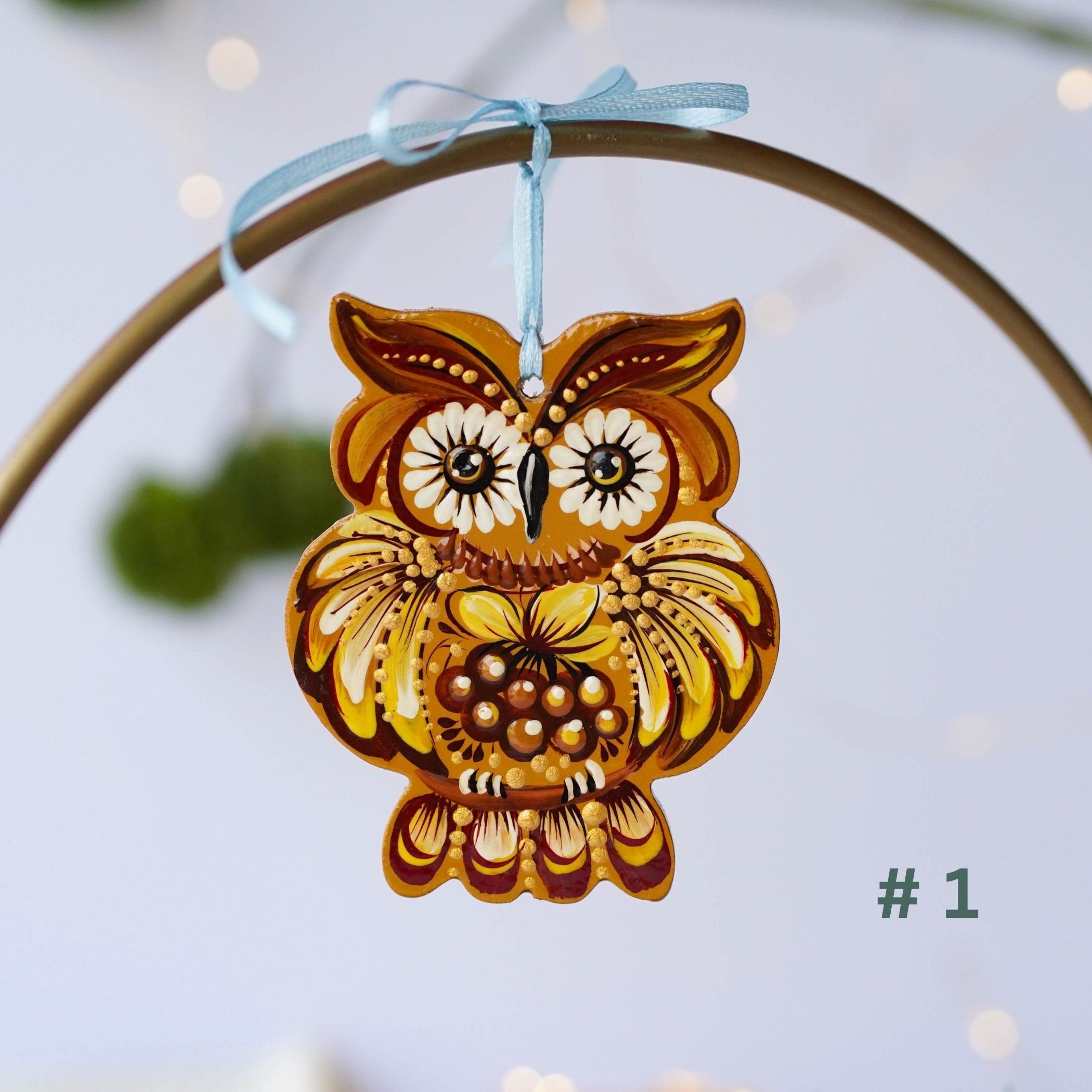Wooden Owl Easter Ornament Hand-painted with Petrylivka Art