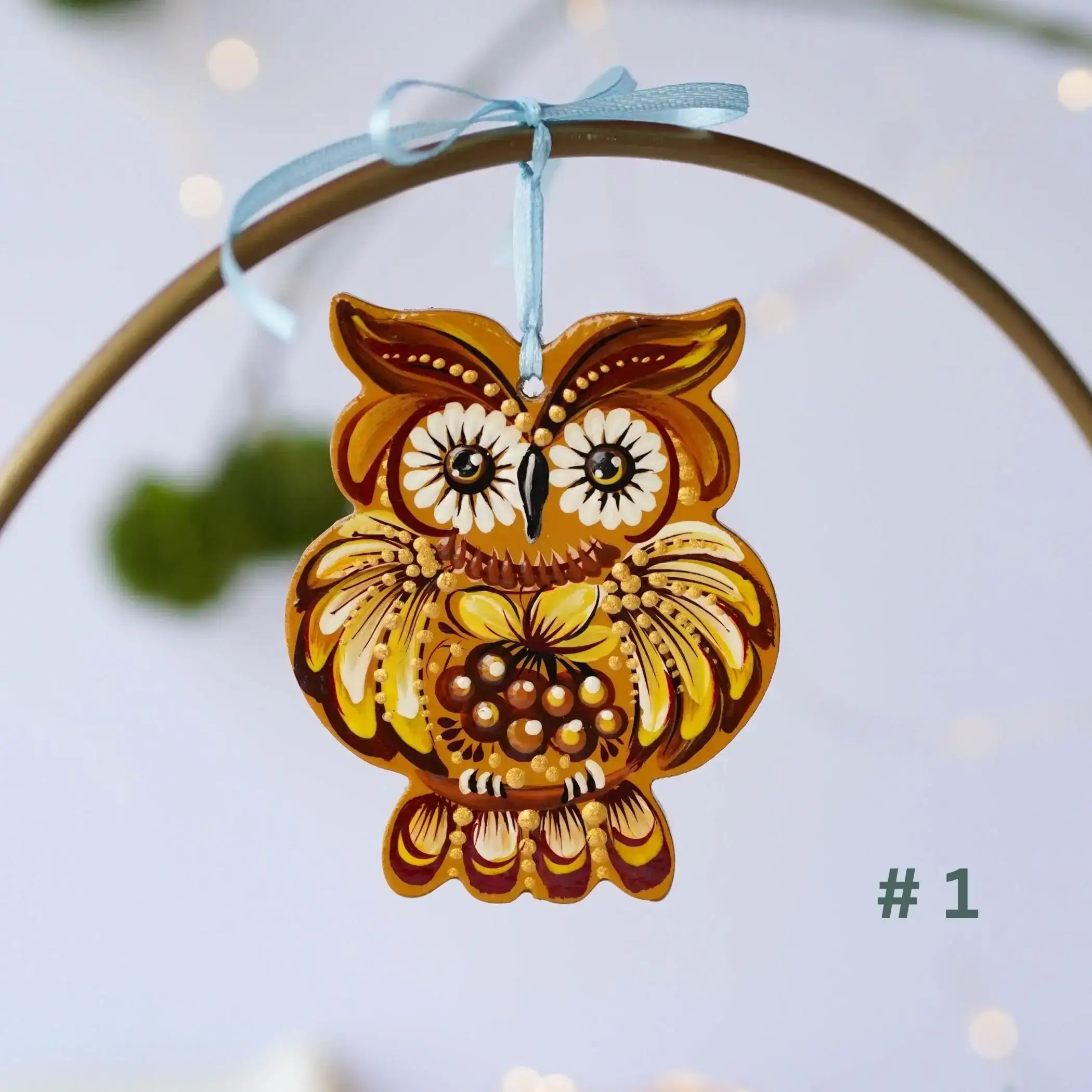 Hand-painted Wooden Owl Christmas Ornament