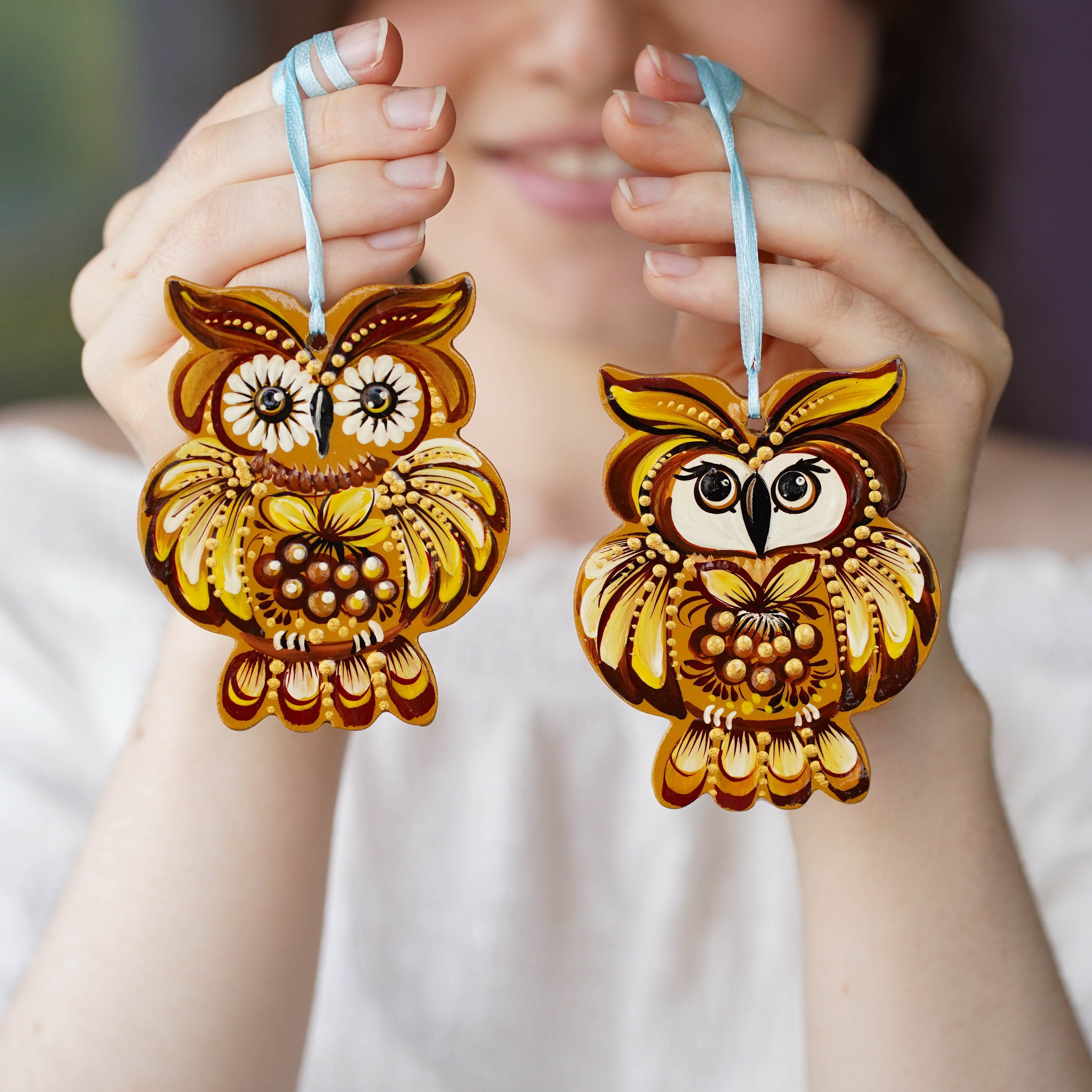 Hand-painted Wooden Owl Christmas Ornament