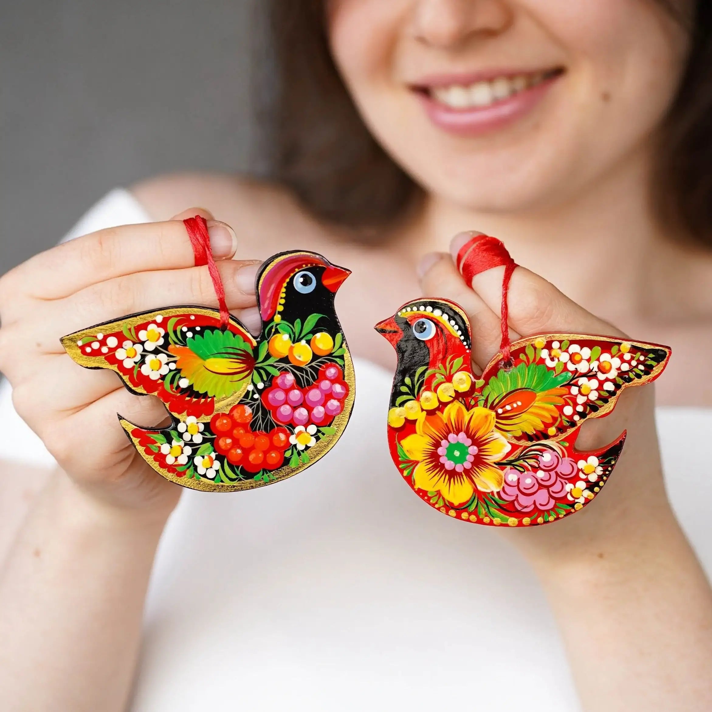 Set of 2 Wooden Painted Cardinal Christmas Ornaments