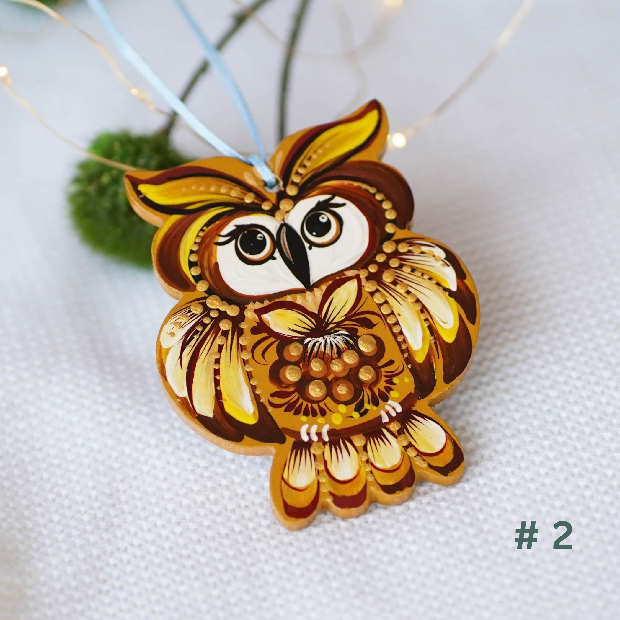Wooden Owl Easter Ornament Hand-painted with Petrylivka Art