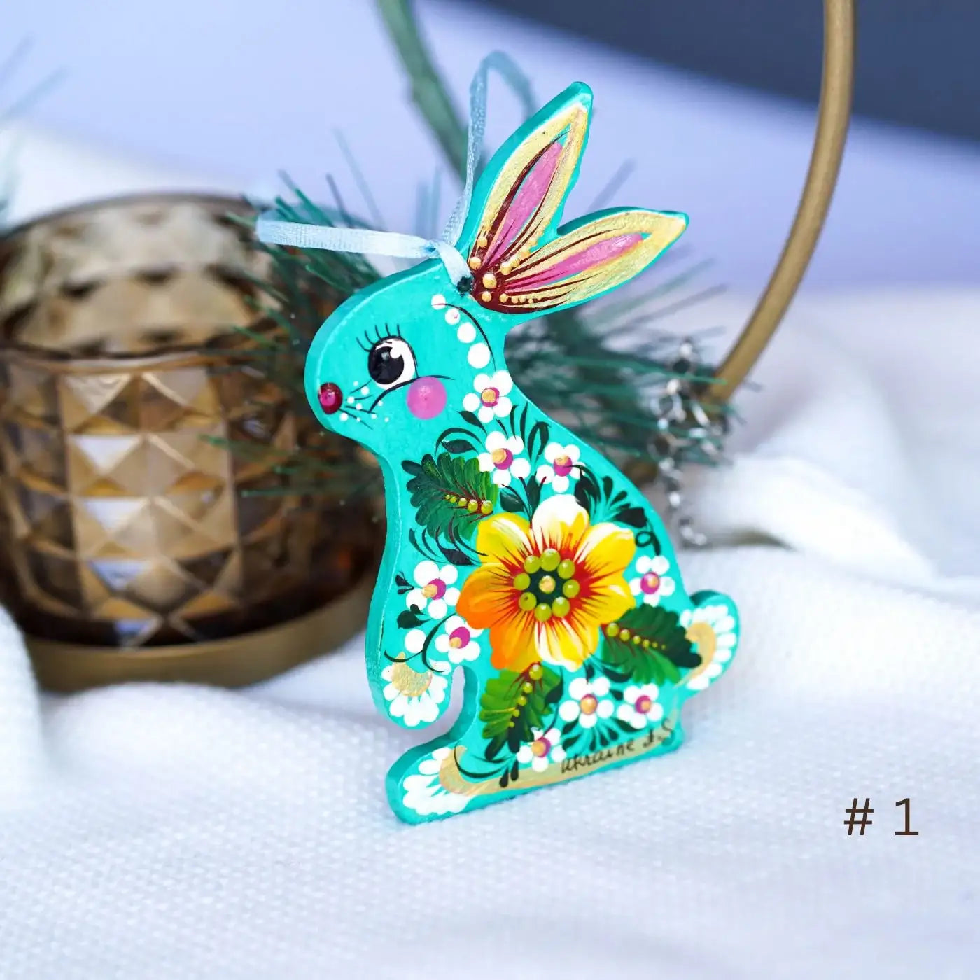 Painted Ukrainian Sunflower Bunny Ornament Turquoise