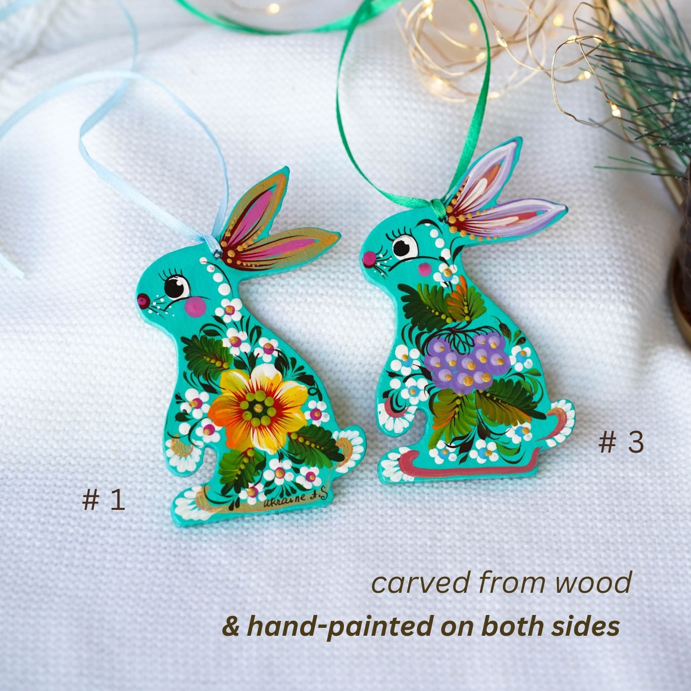 Painted Sunflower Easter Bunny Ornament - Turquoise Wooden Ukrainian Ornament