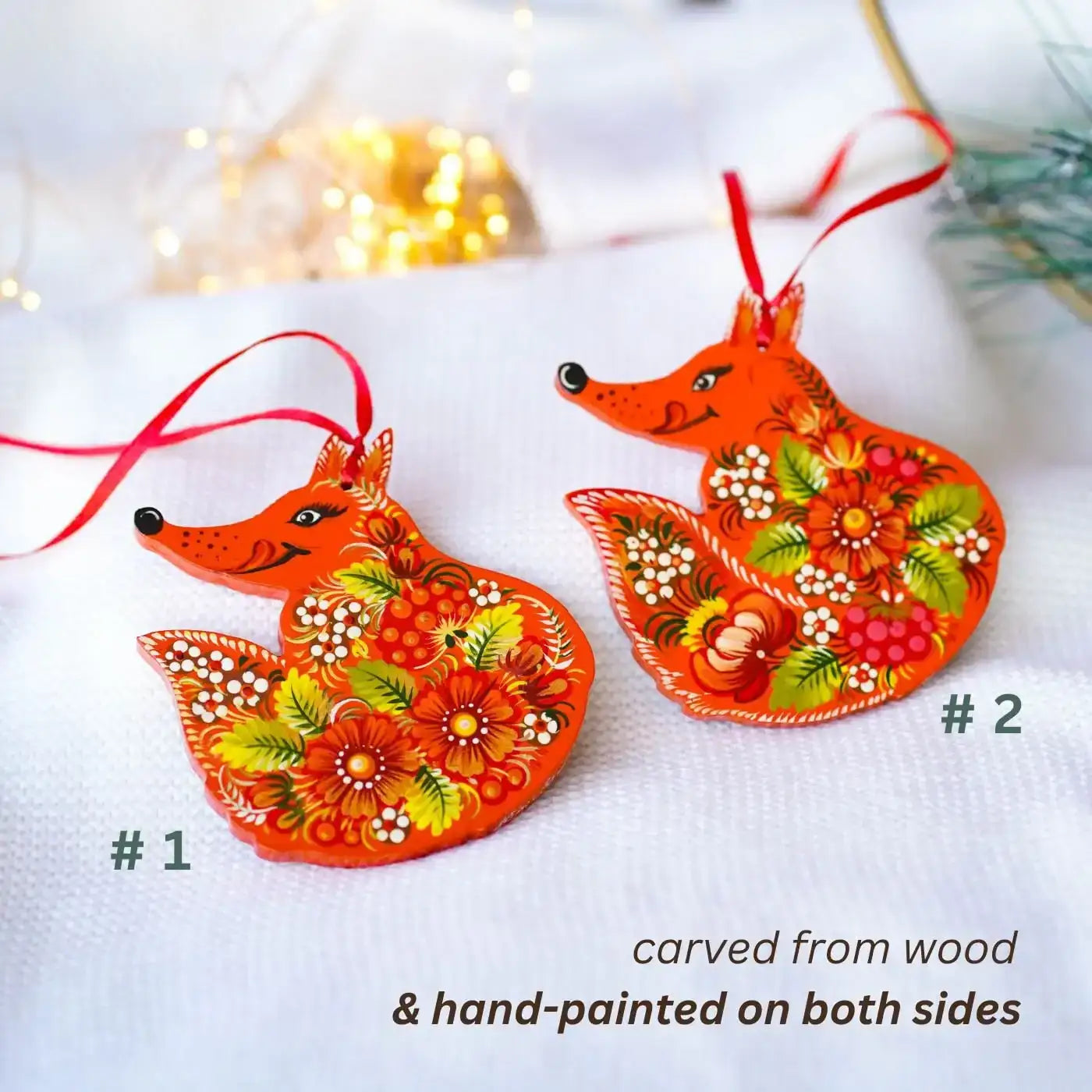 Set of 2 Hand-painted Wooden Fox Easter Ornaments